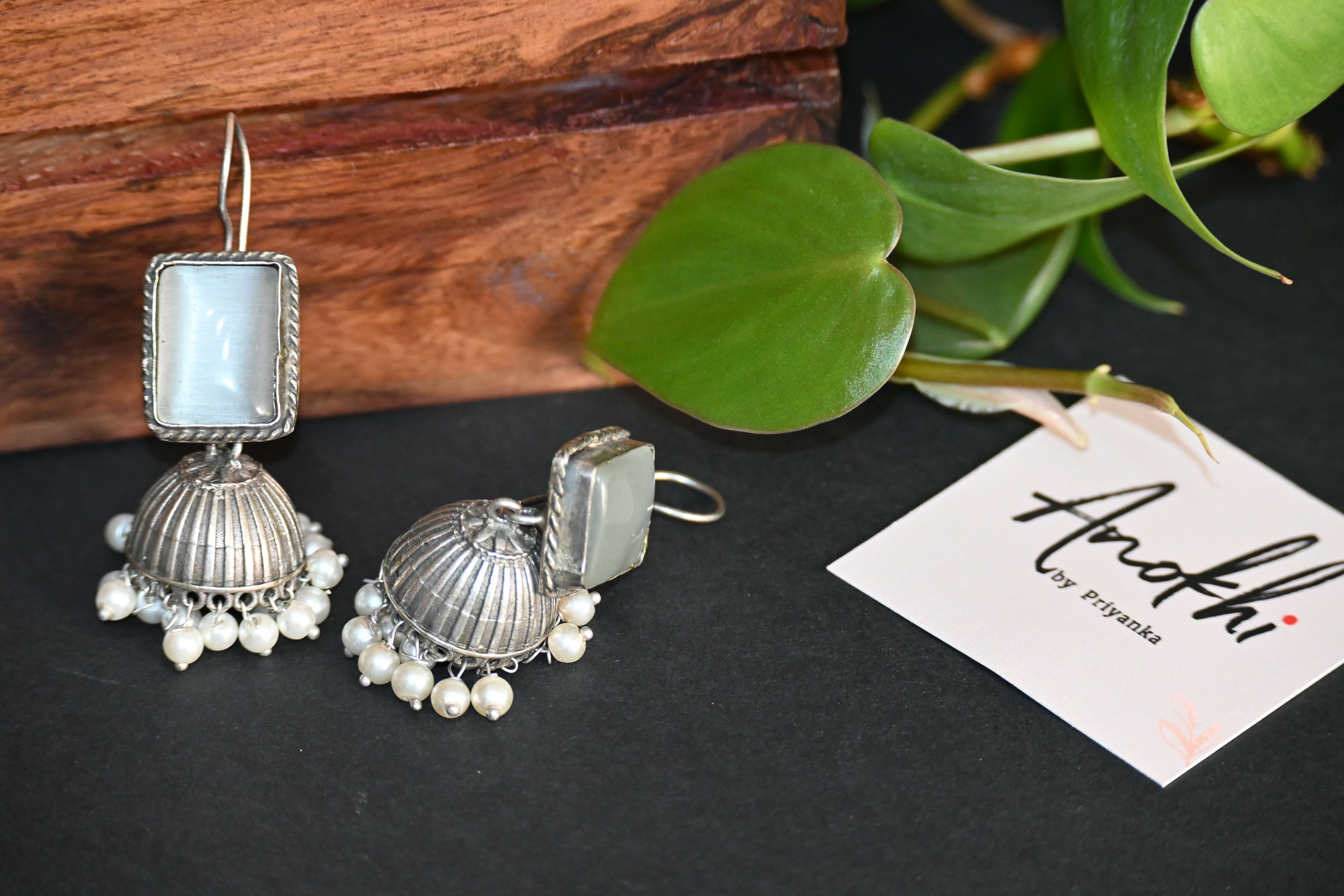 Monalisa White Stone Jhumka,  Silver Look Alike Oxidized Earrings