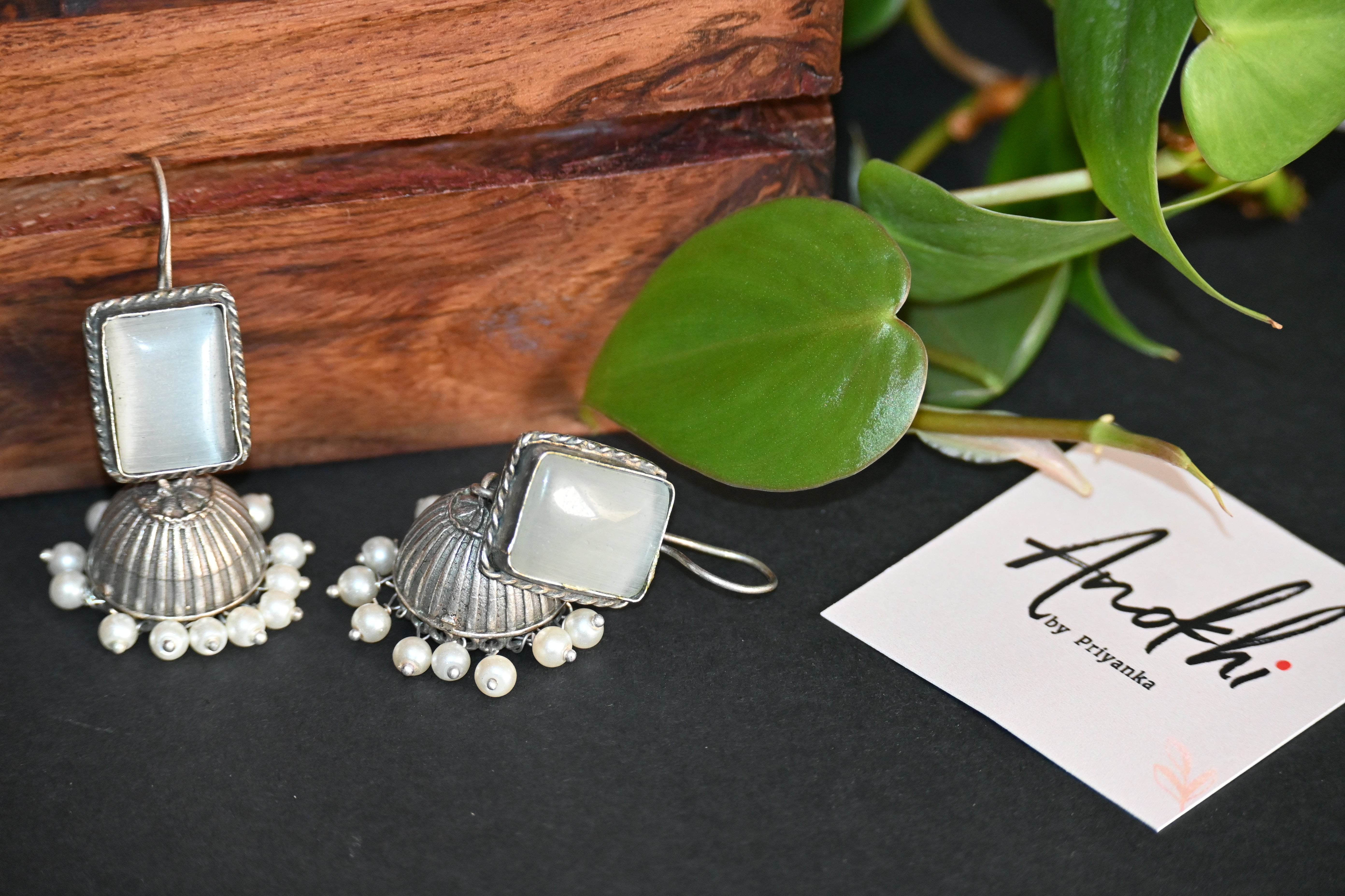 Monalisa White Stone Jhumka,  Silver Look Alike Oxidized Earrings