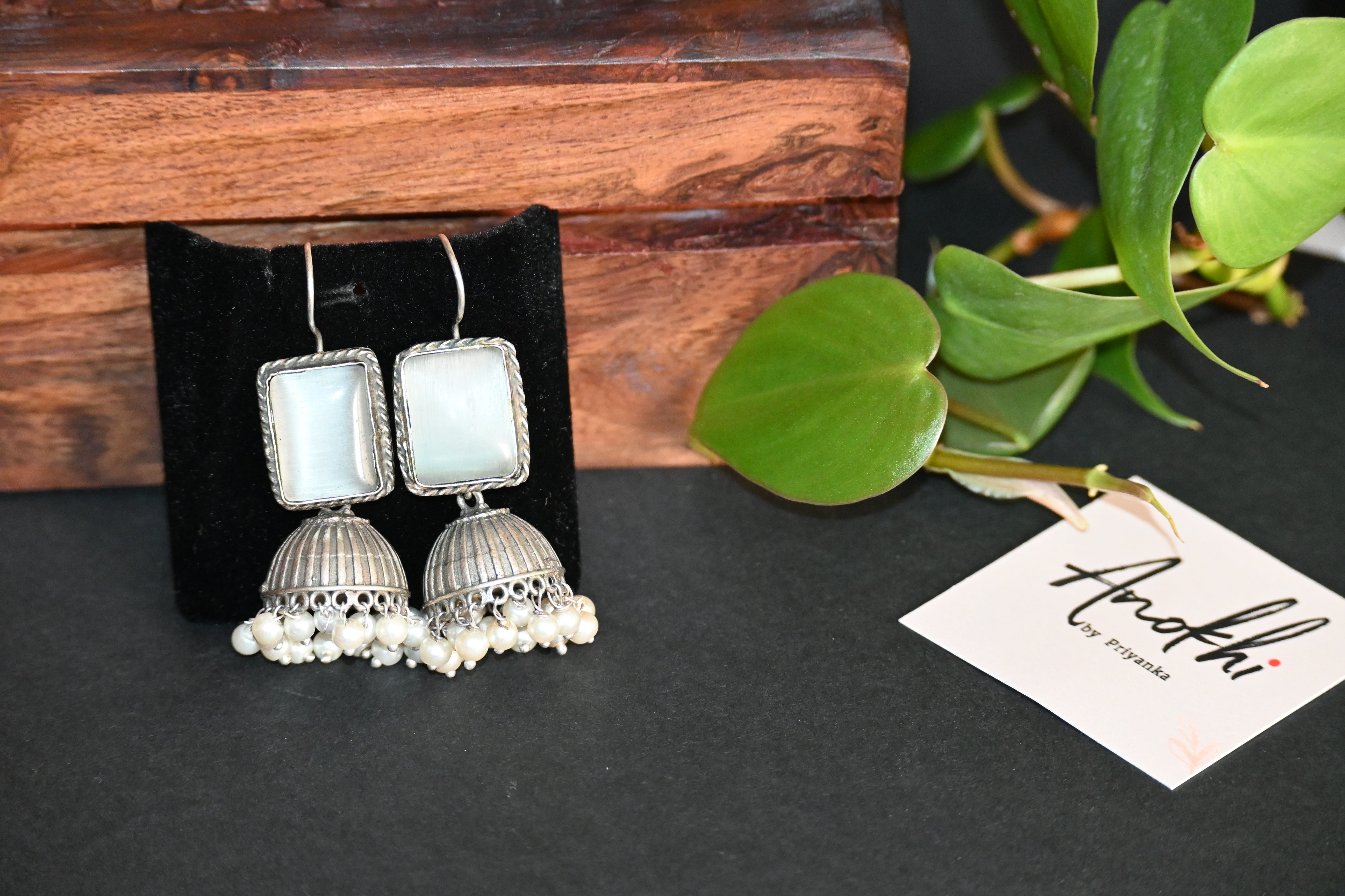 Monalisa White Stone Jhumka,  Silver Look Alike Oxidized Earrings