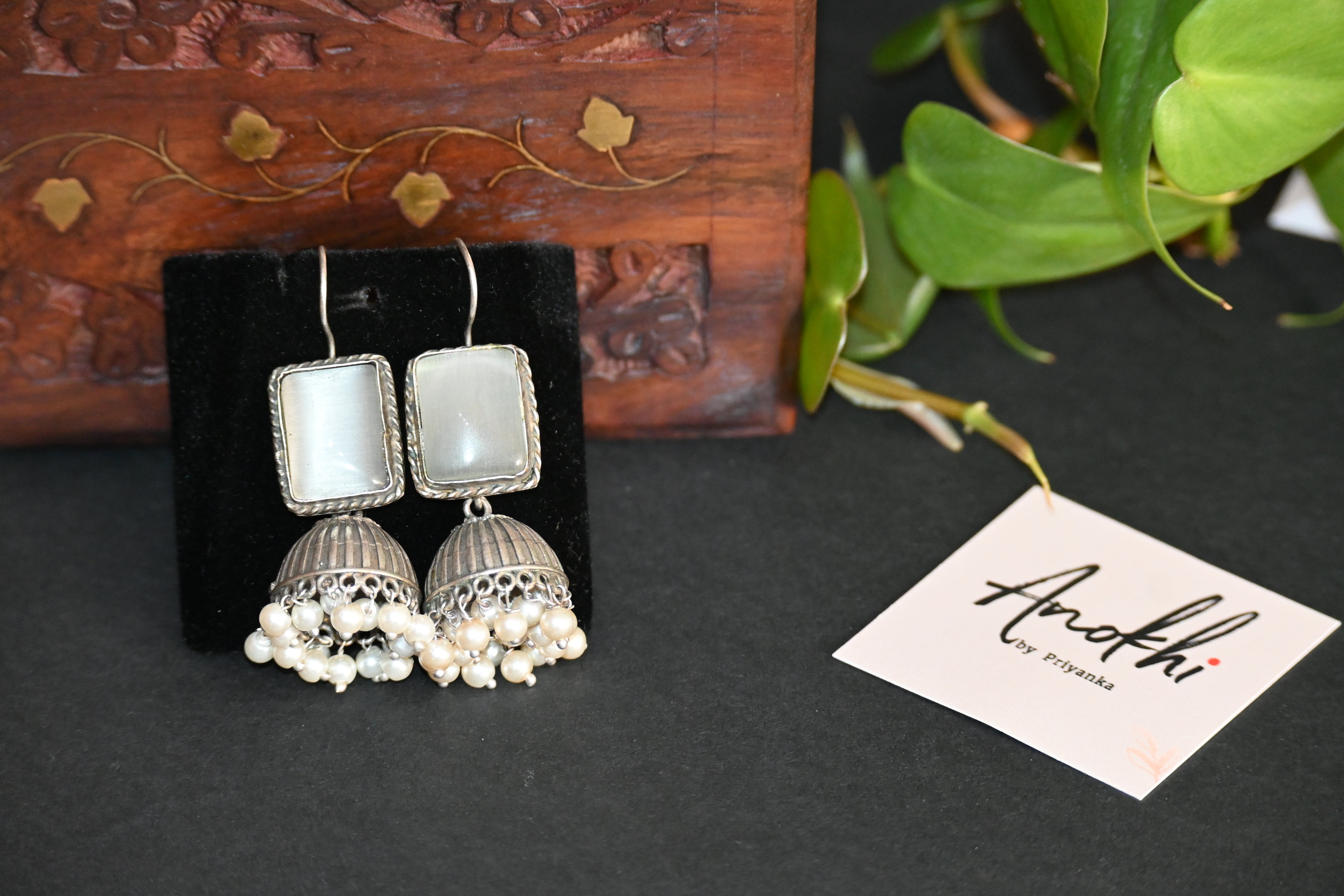 Monalisa White Stone Jhumka,  Silver Look Alike Oxidized Earrings