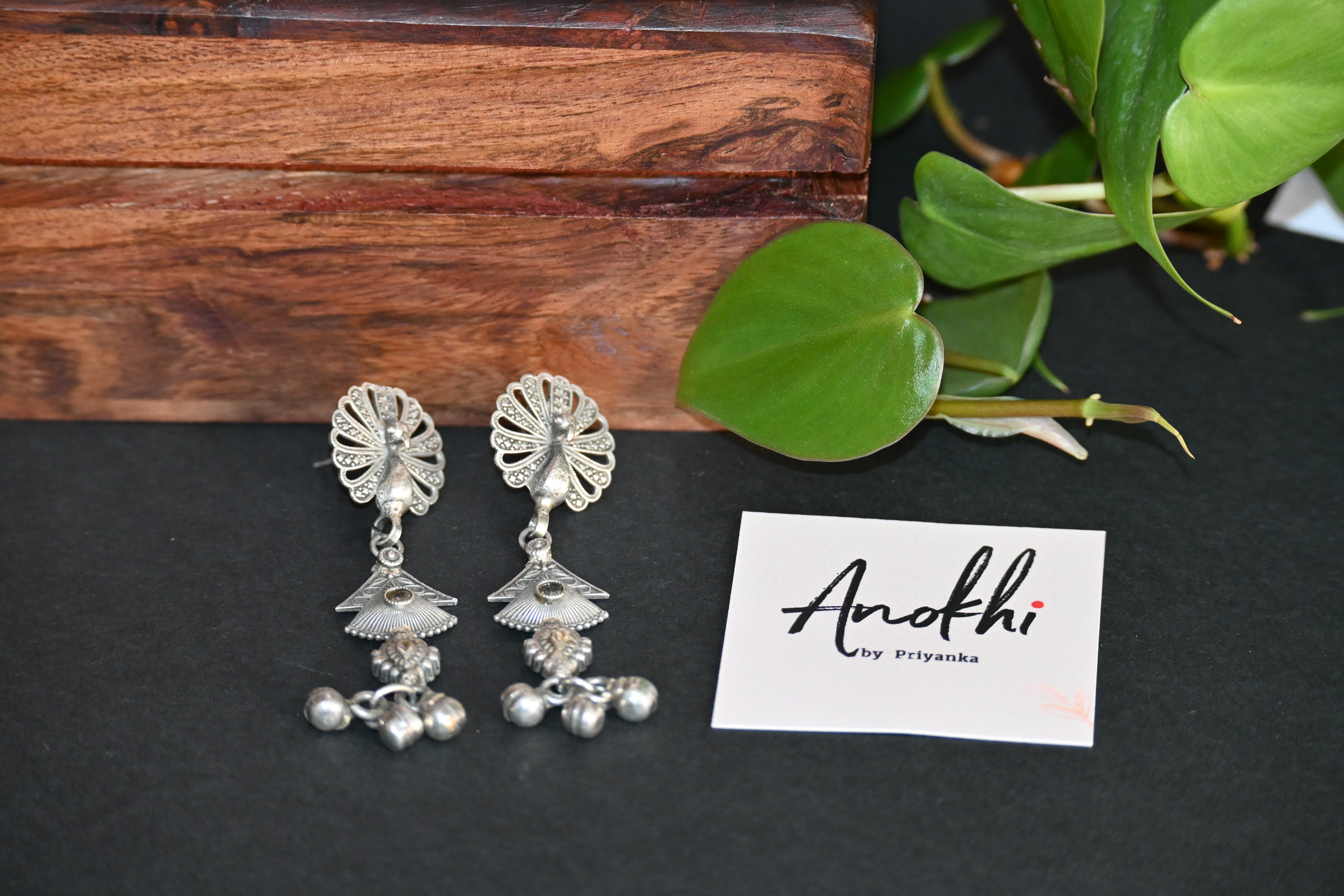 Peacock Long Earpiece,  Silver Look Alike Oxidized Earrings