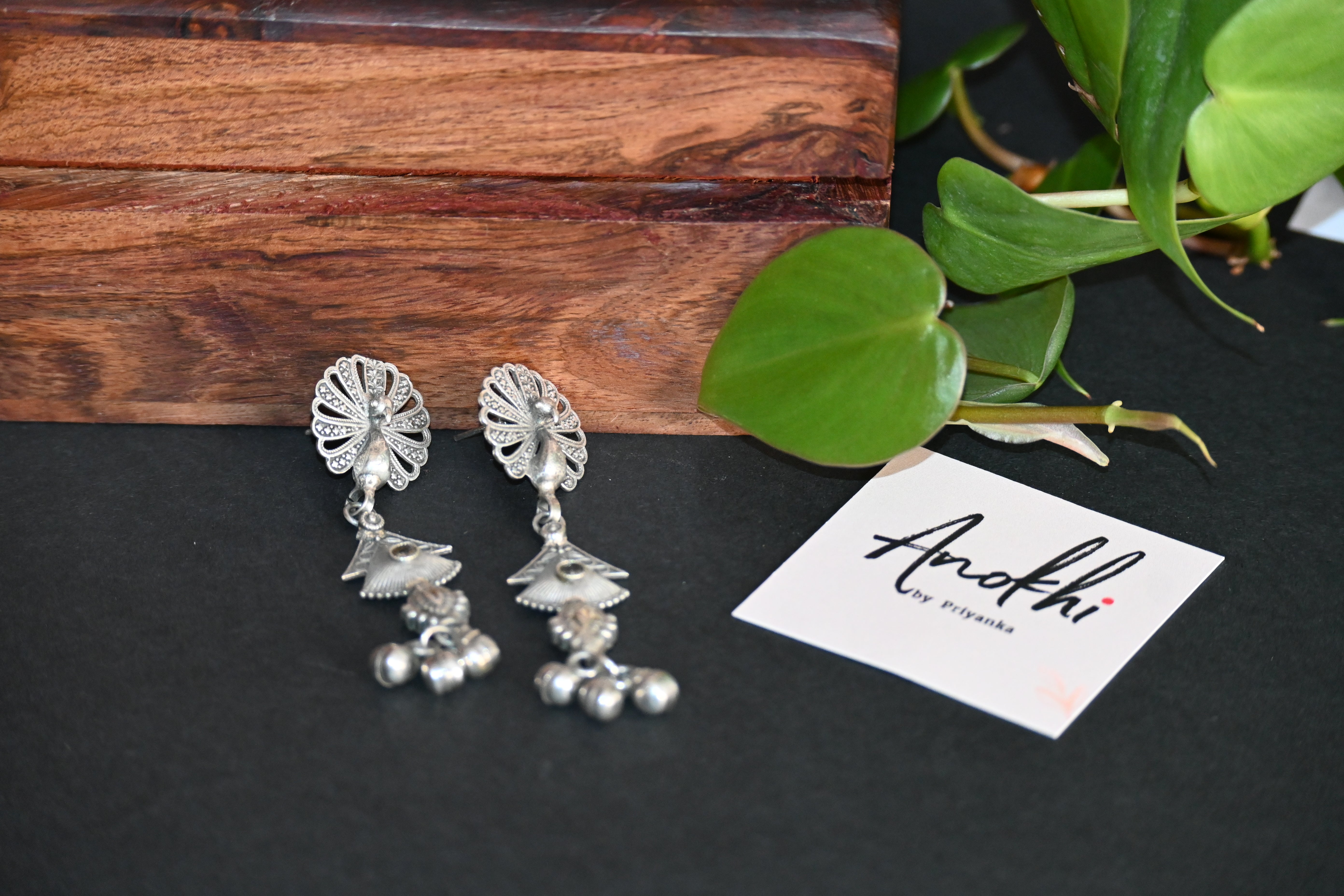 Peacock Long Earpiece,  Silver Look Alike Oxidized Earrings