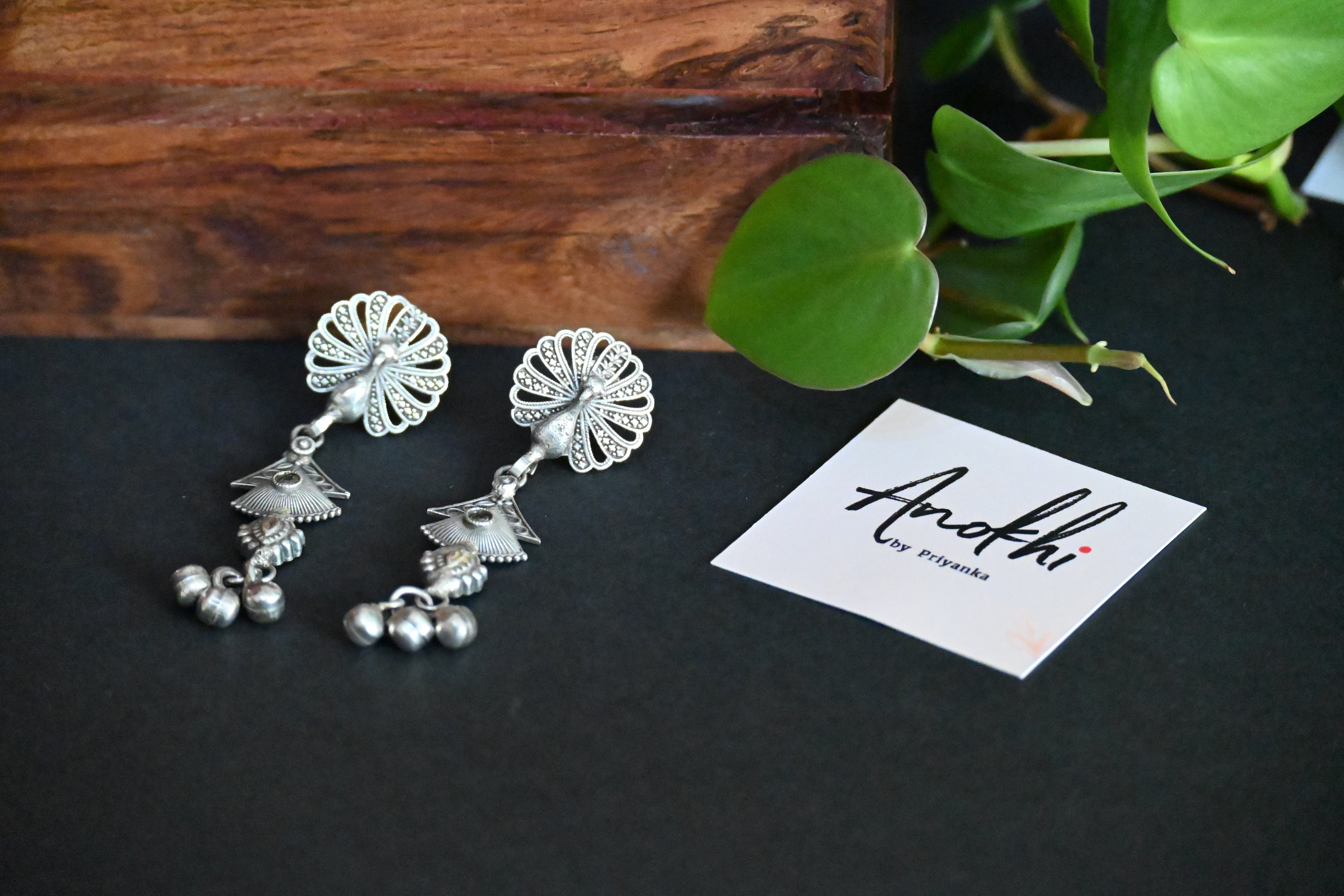 Peacock Long Earpiece,  Silver Look Alike Oxidized Earrings