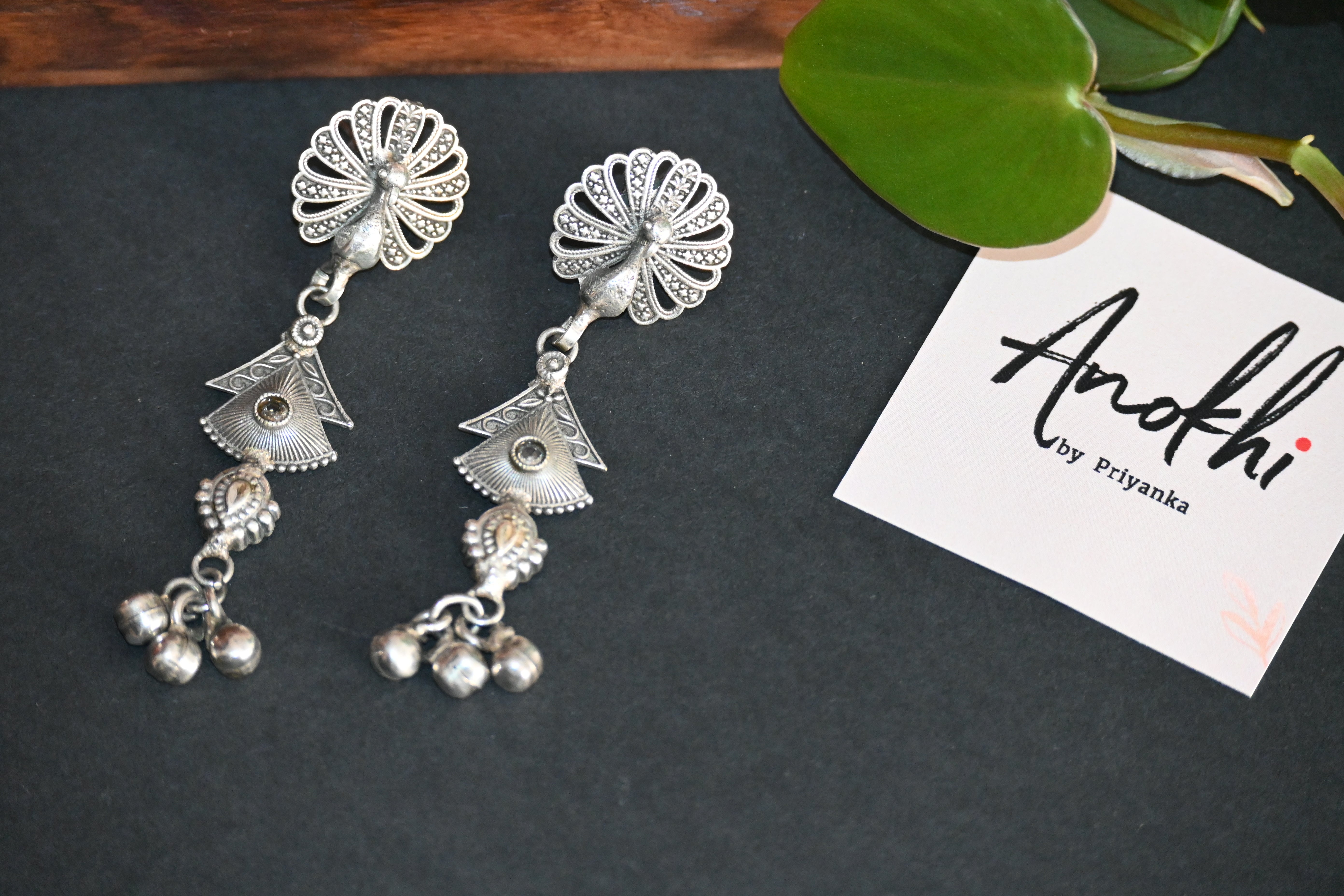 Peacock Long Earpiece,  Silver Look Alike Oxidized Earrings