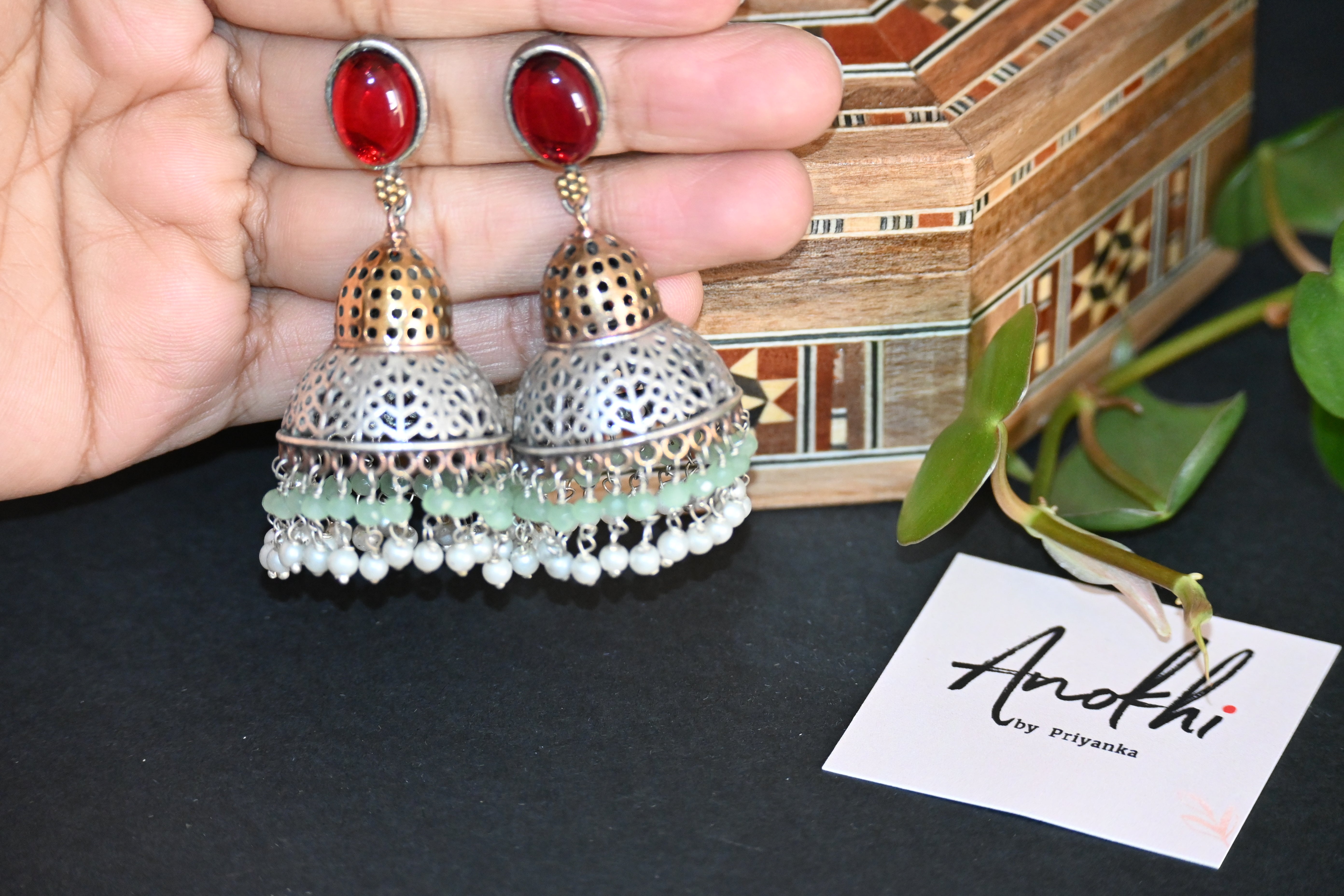 Red Monalisa Stone Dome Jhumka, Silver Look Alike Oxidized Earrings