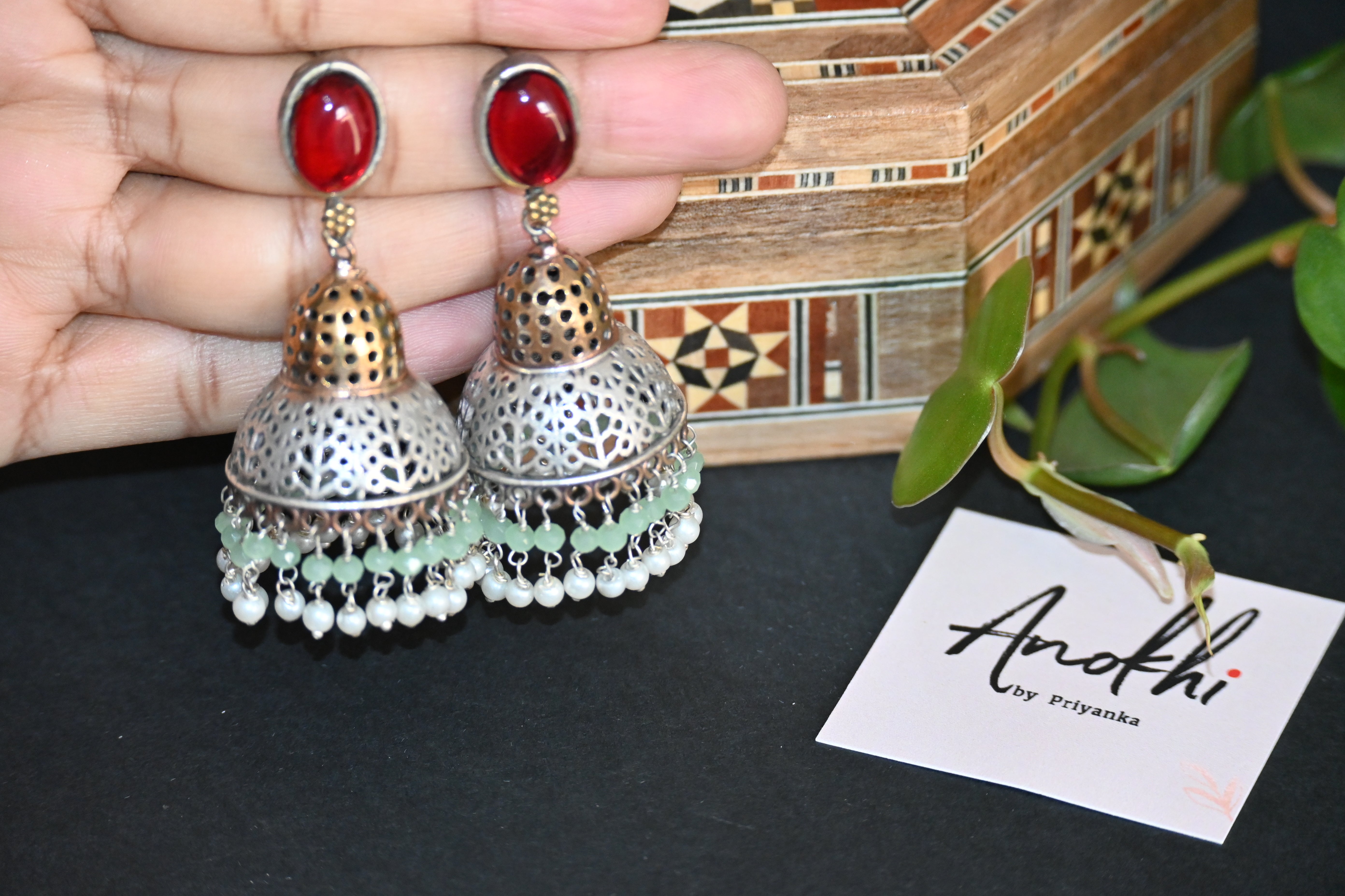 Red Monalisa Stone Dome Jhumka, Silver Look Alike Oxidized Earrings