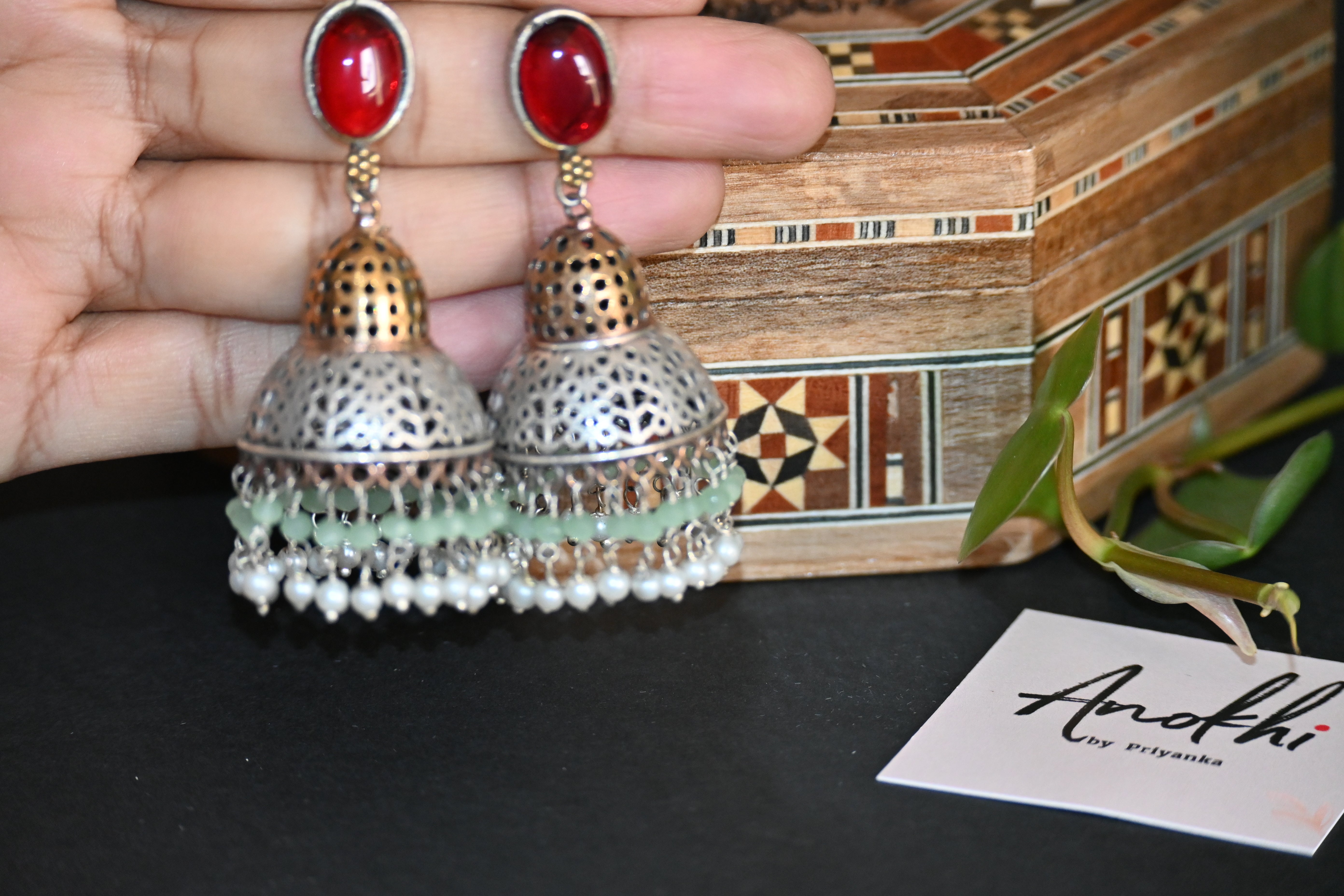 Red Monalisa Stone Dome Jhumka, Silver Look Alike Oxidized Earrings