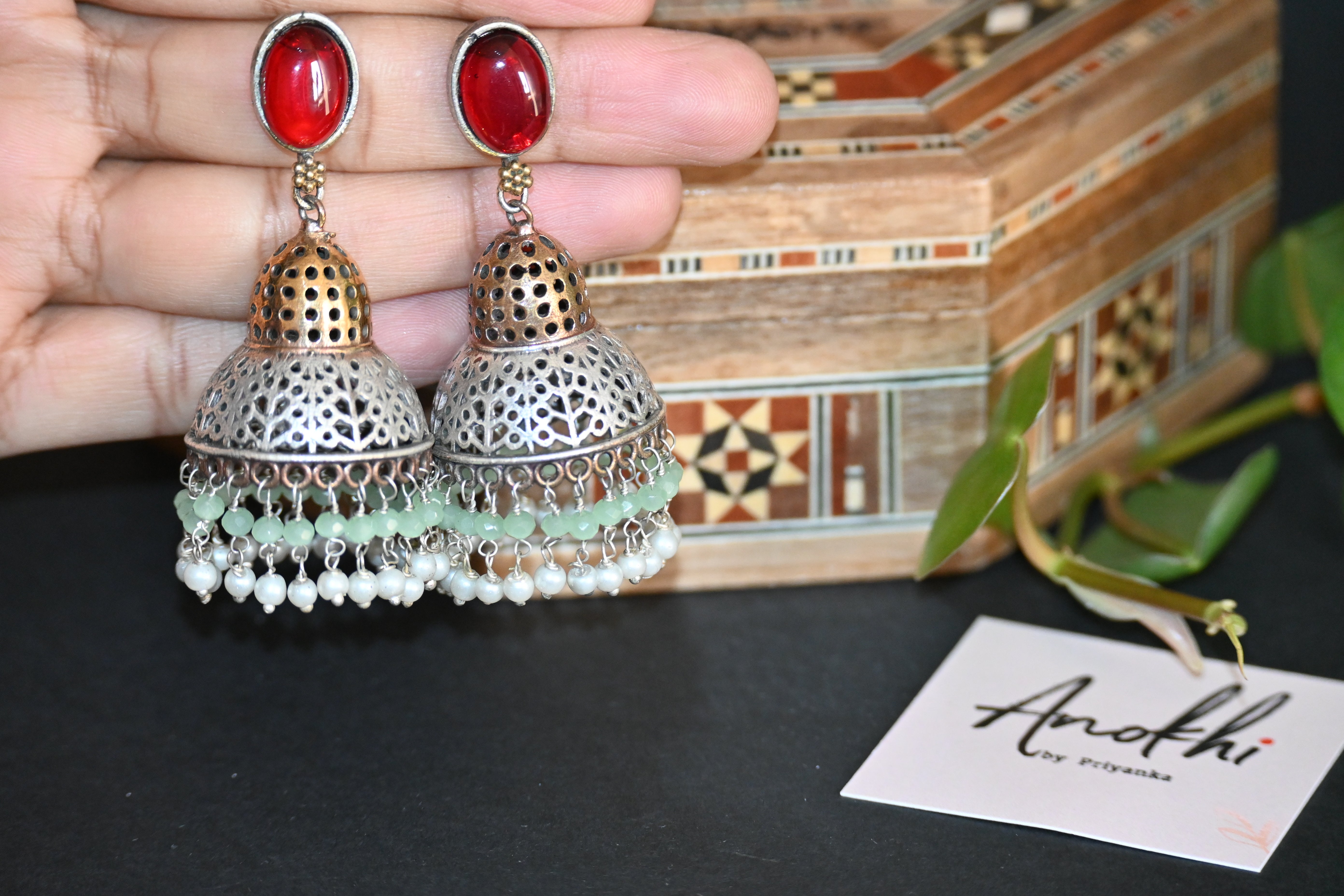 Red Monalisa Stone Dome Jhumka, Silver Look Alike Oxidized Earrings