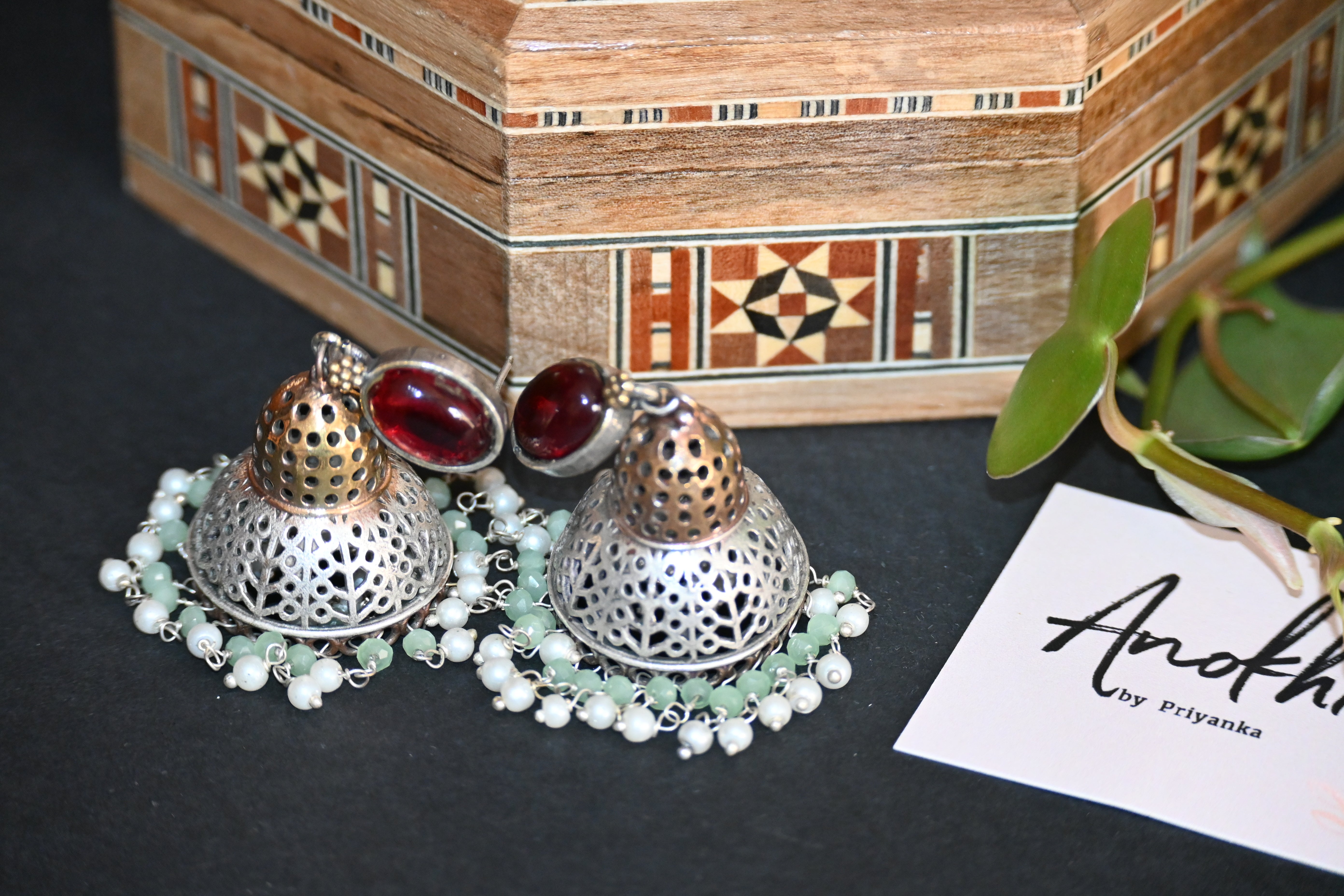 Red Monalisa Stone Dome Jhumka, Silver Look Alike Oxidized Earrings