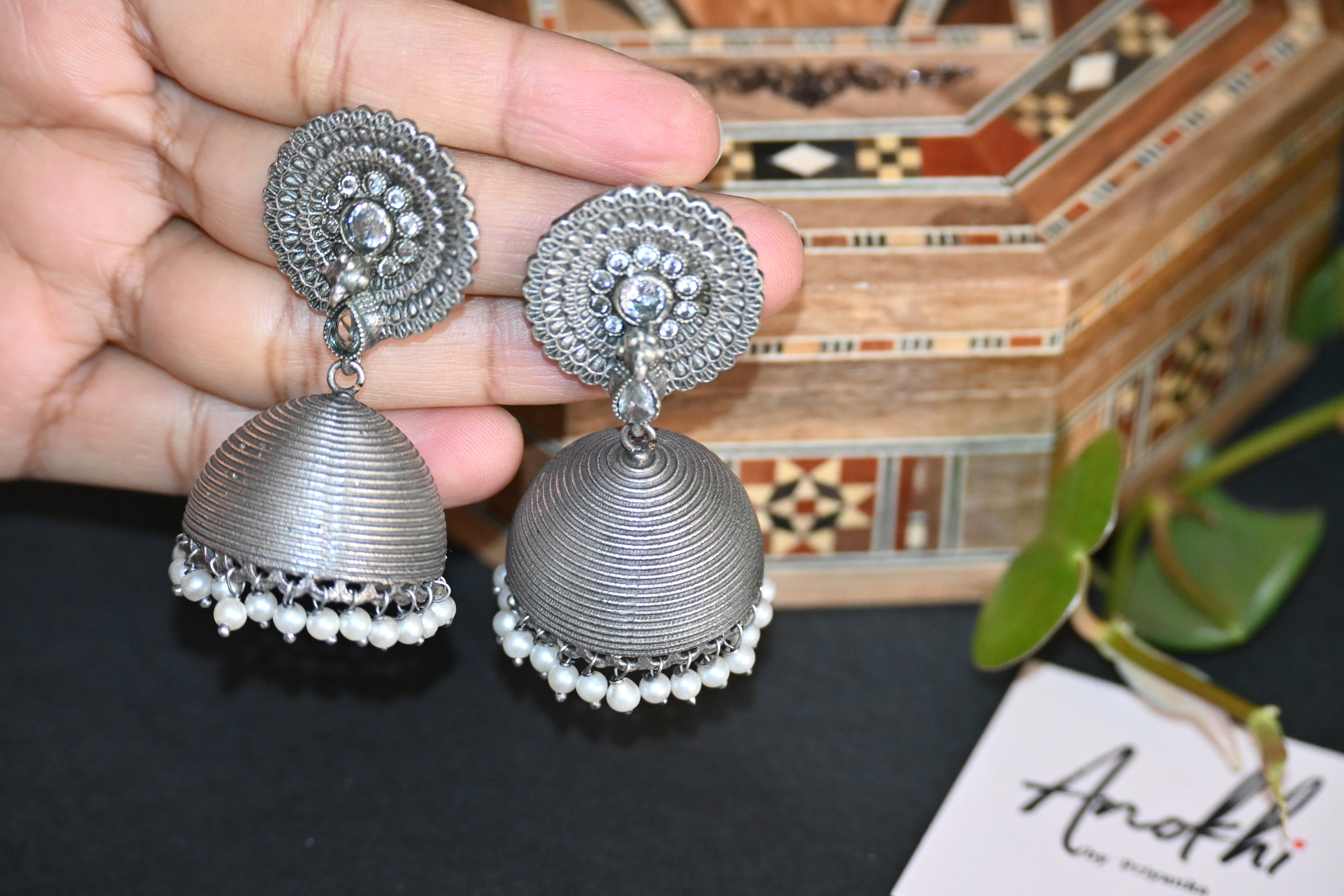 Efulgenz Dome Jhumka, Silver Look Alike Oxidized Earrings
