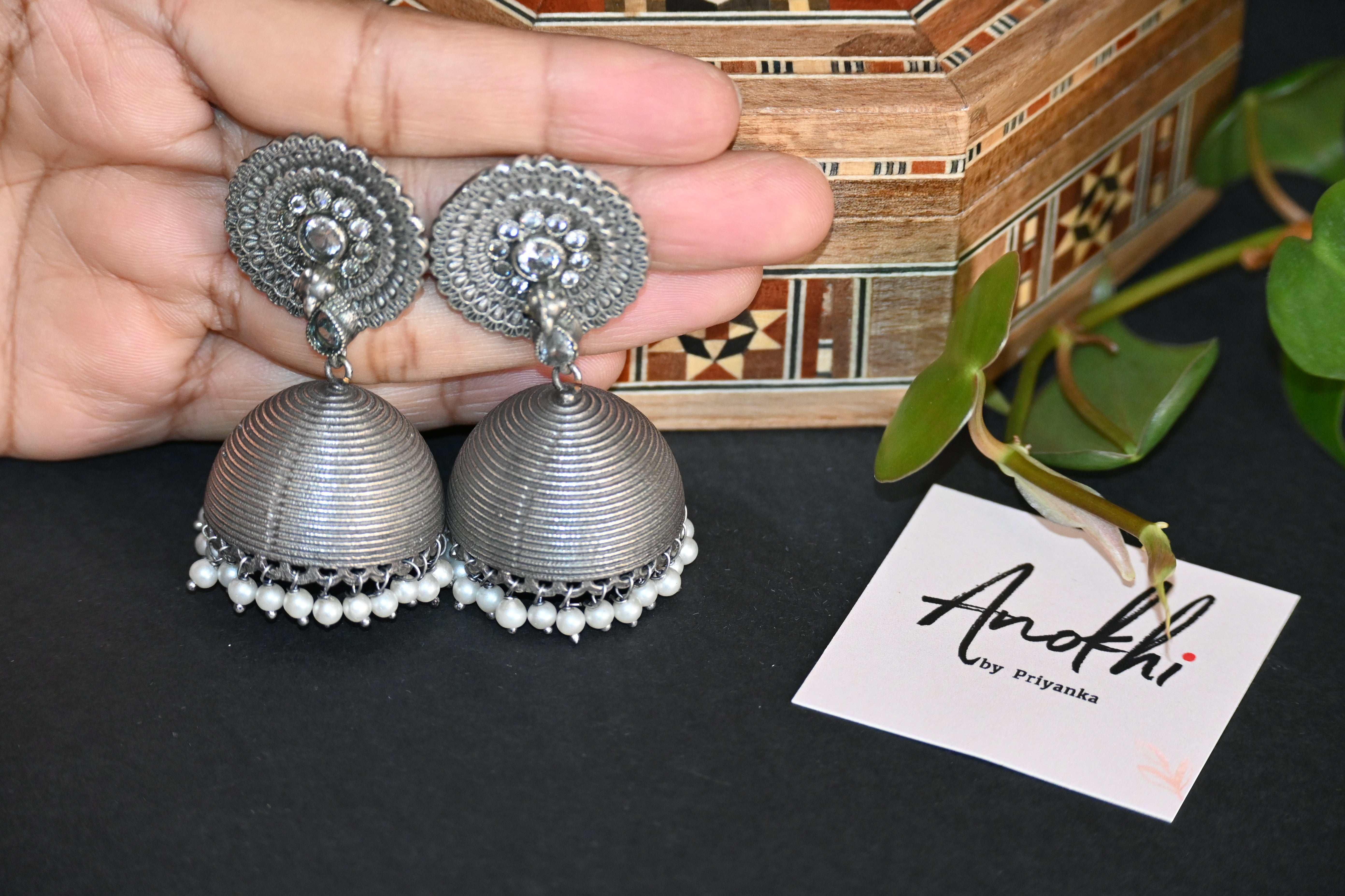 Efulgenz Dome Jhumka, Silver Look Alike Oxidized Earrings