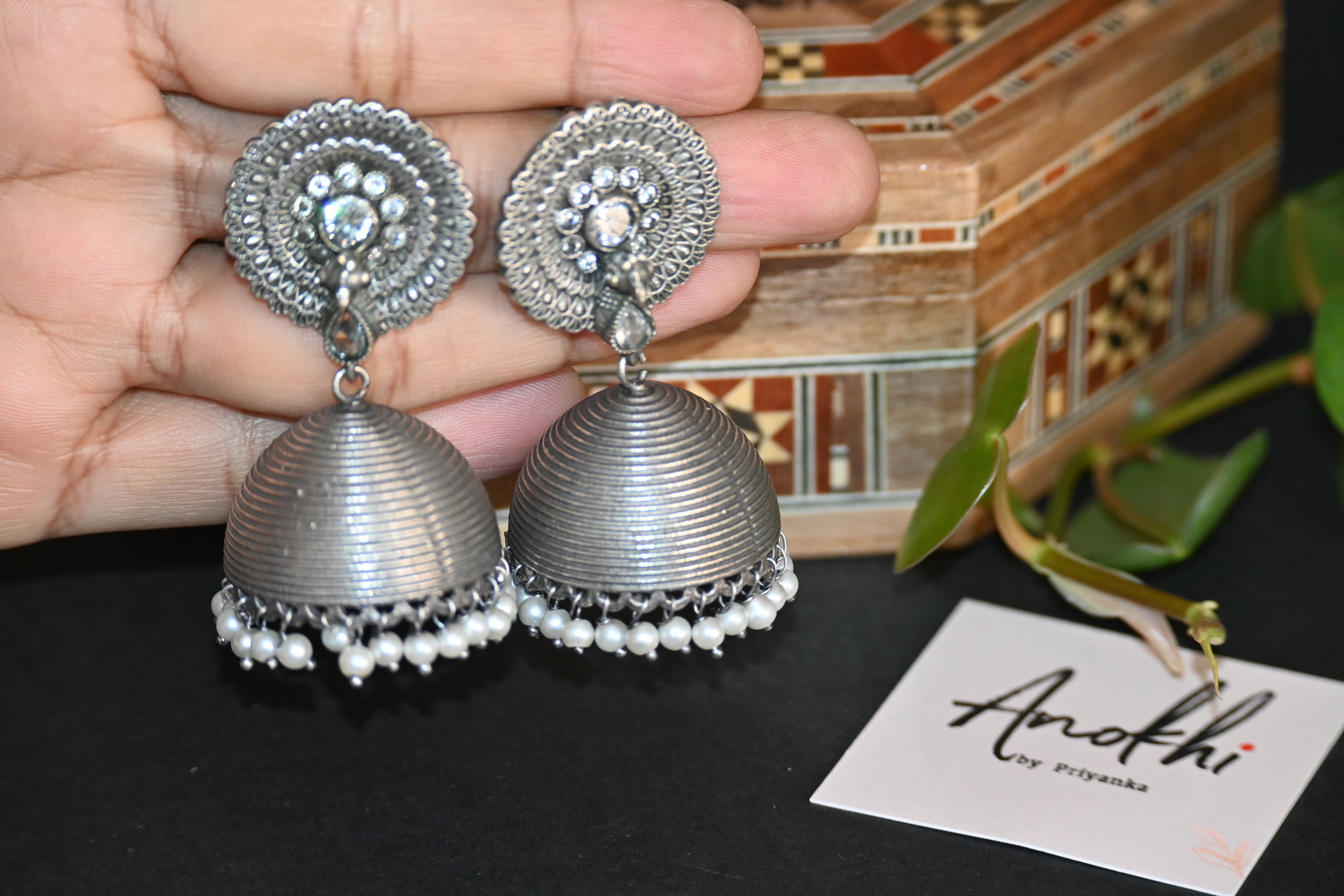 Efulgenz Dome Jhumka, Silver Look Alike Oxidized Earrings