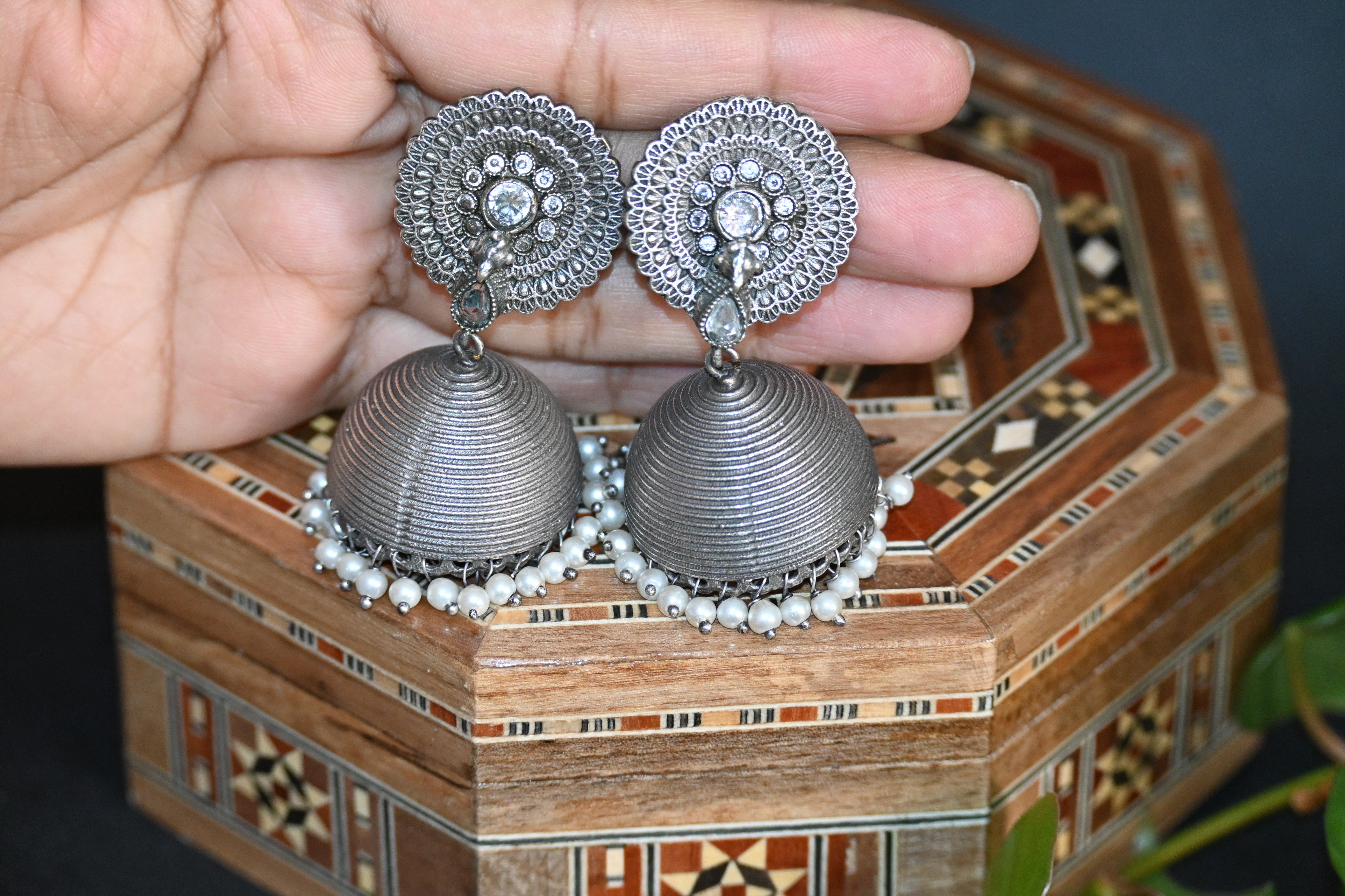Efulgenz Dome Jhumka, Silver Look Alike Oxidized Earrings