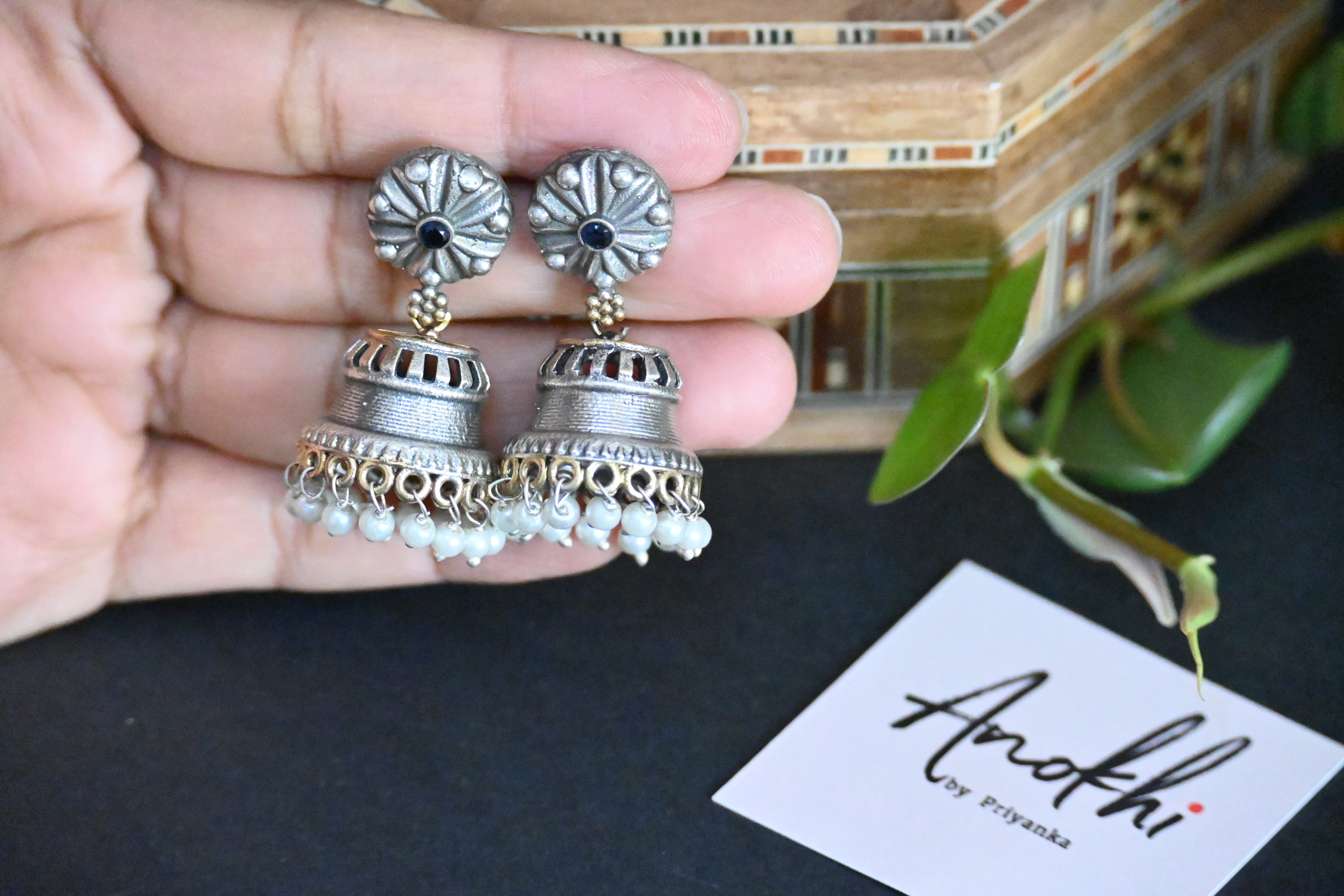 Jaanvi Jhumka, Silver Look Alike Oxidized Earrings