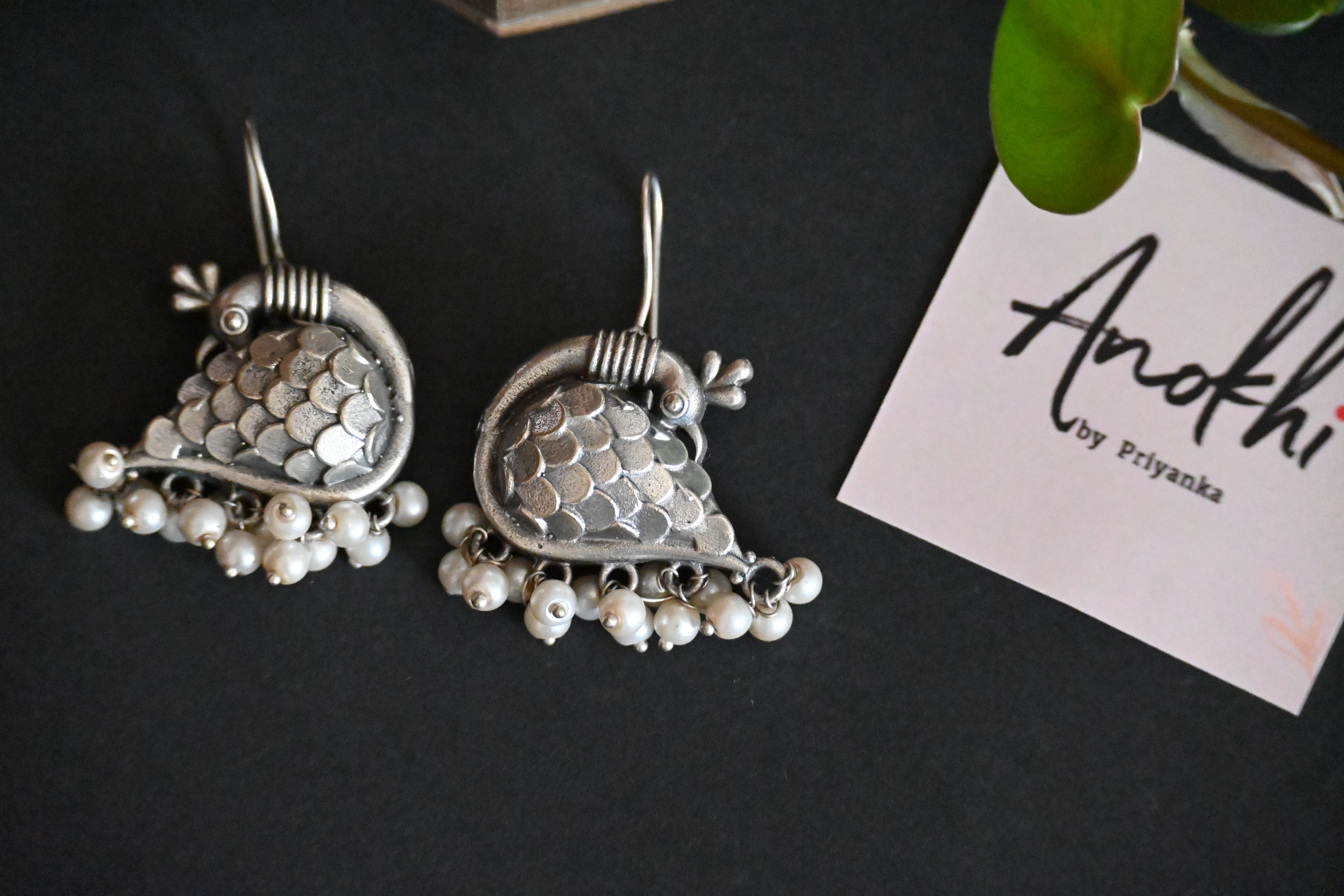 Peacock, Silver Look Alike Oxidized Earrings