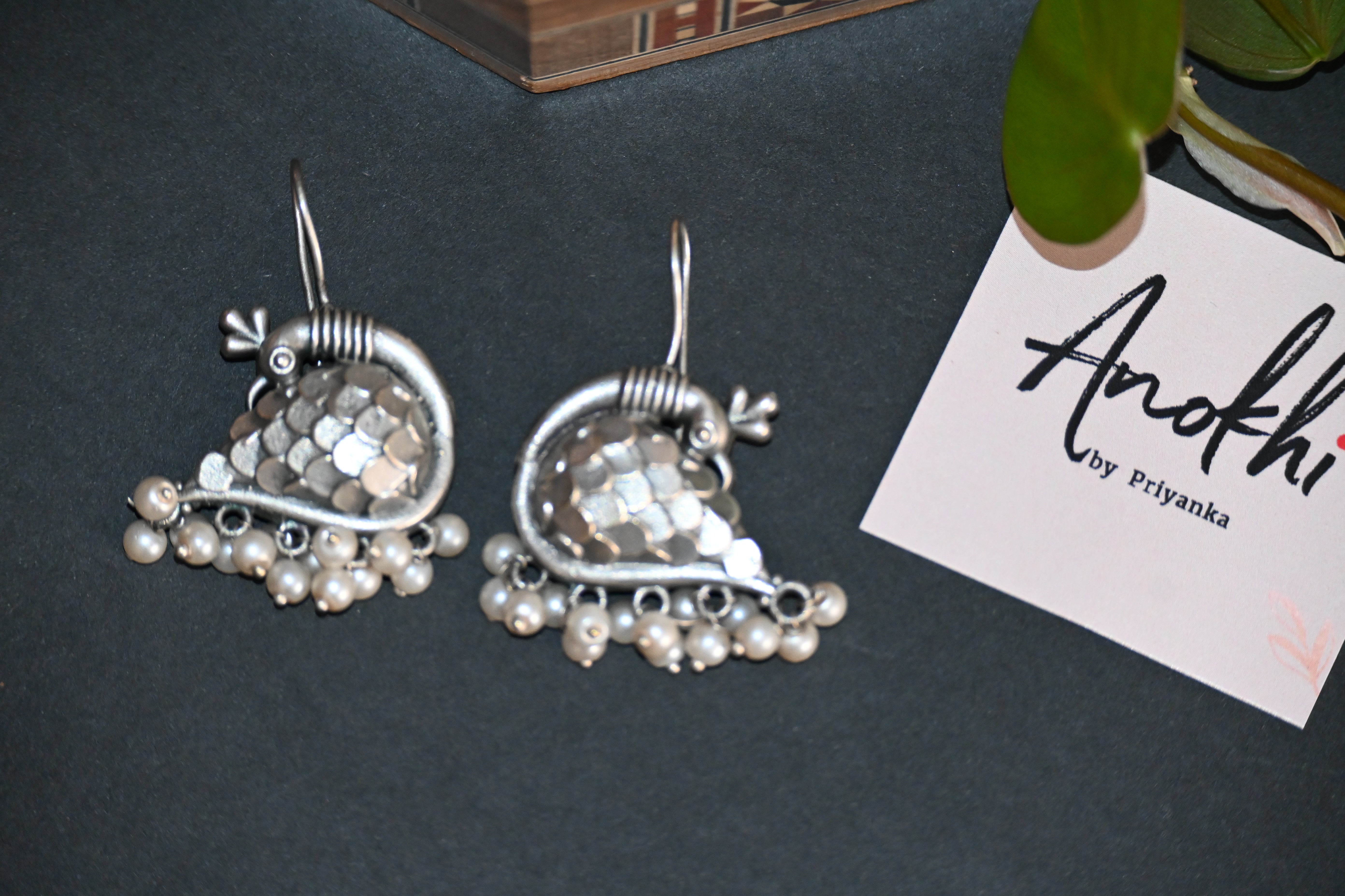 Peacock, Silver Look Alike Oxidized Earrings