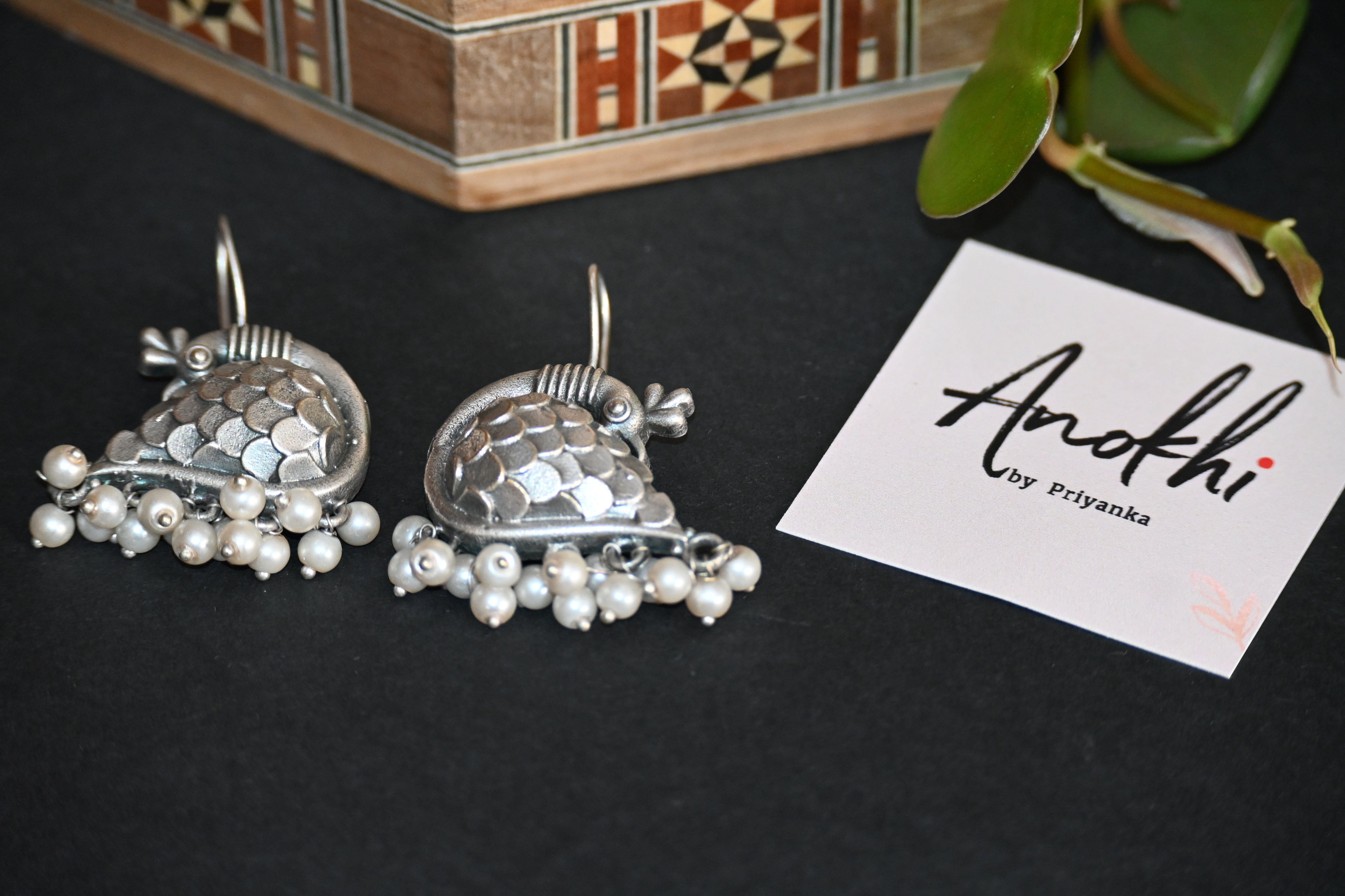 Peacock, Silver Look Alike Oxidized Earrings