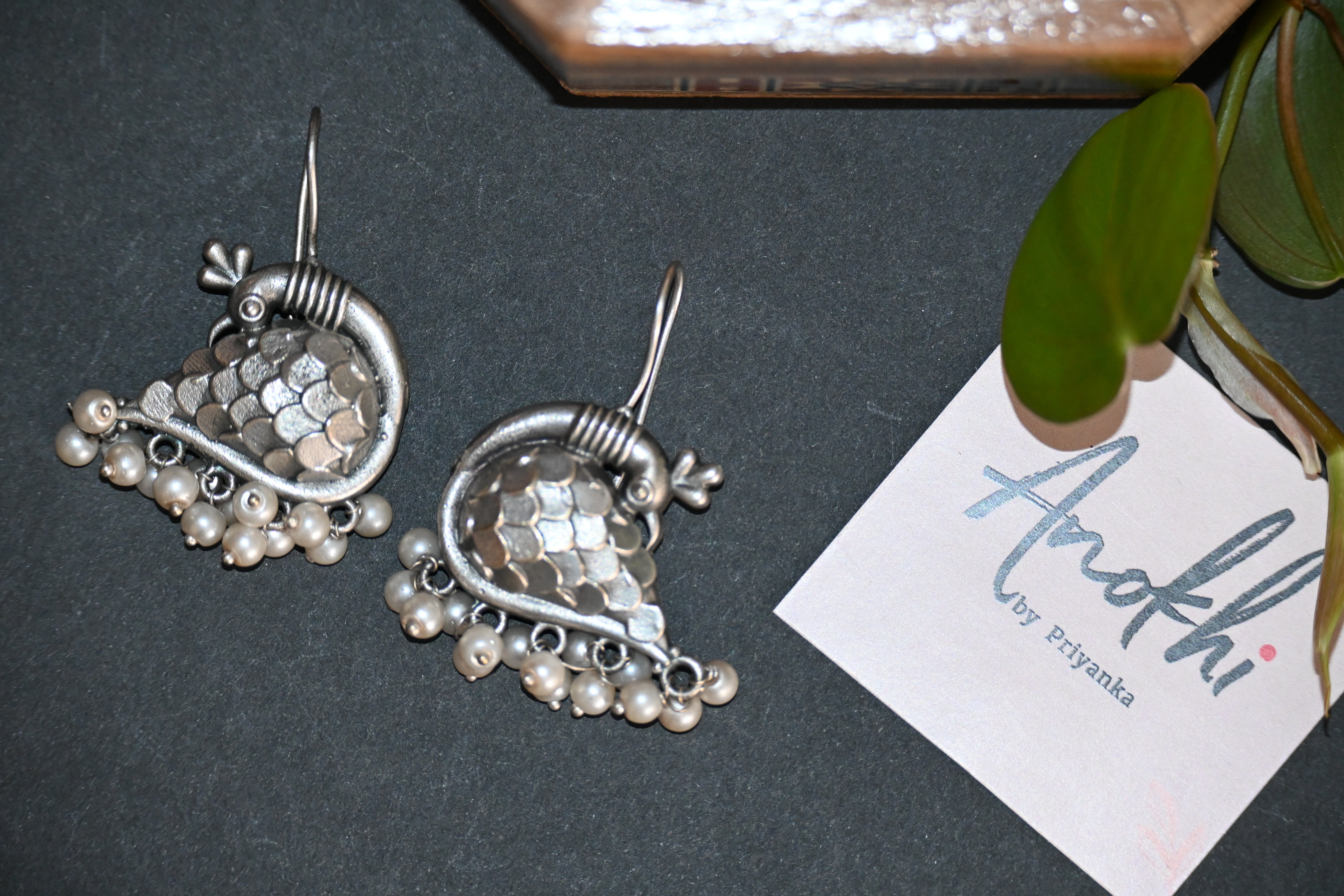 Peacock, Silver Look Alike Oxidized Earrings