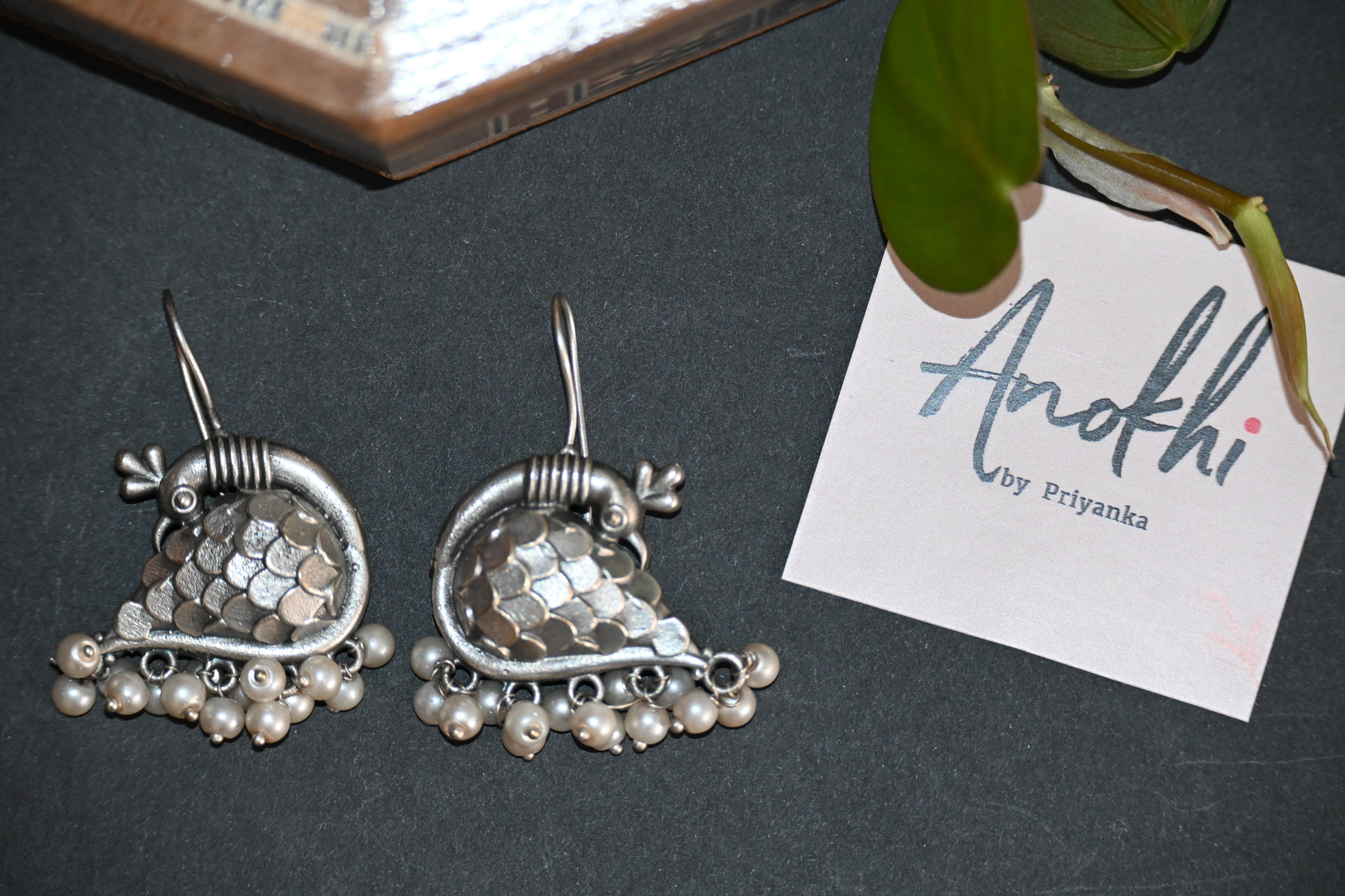 Peacock, Silver Look Alike Oxidized Earrings