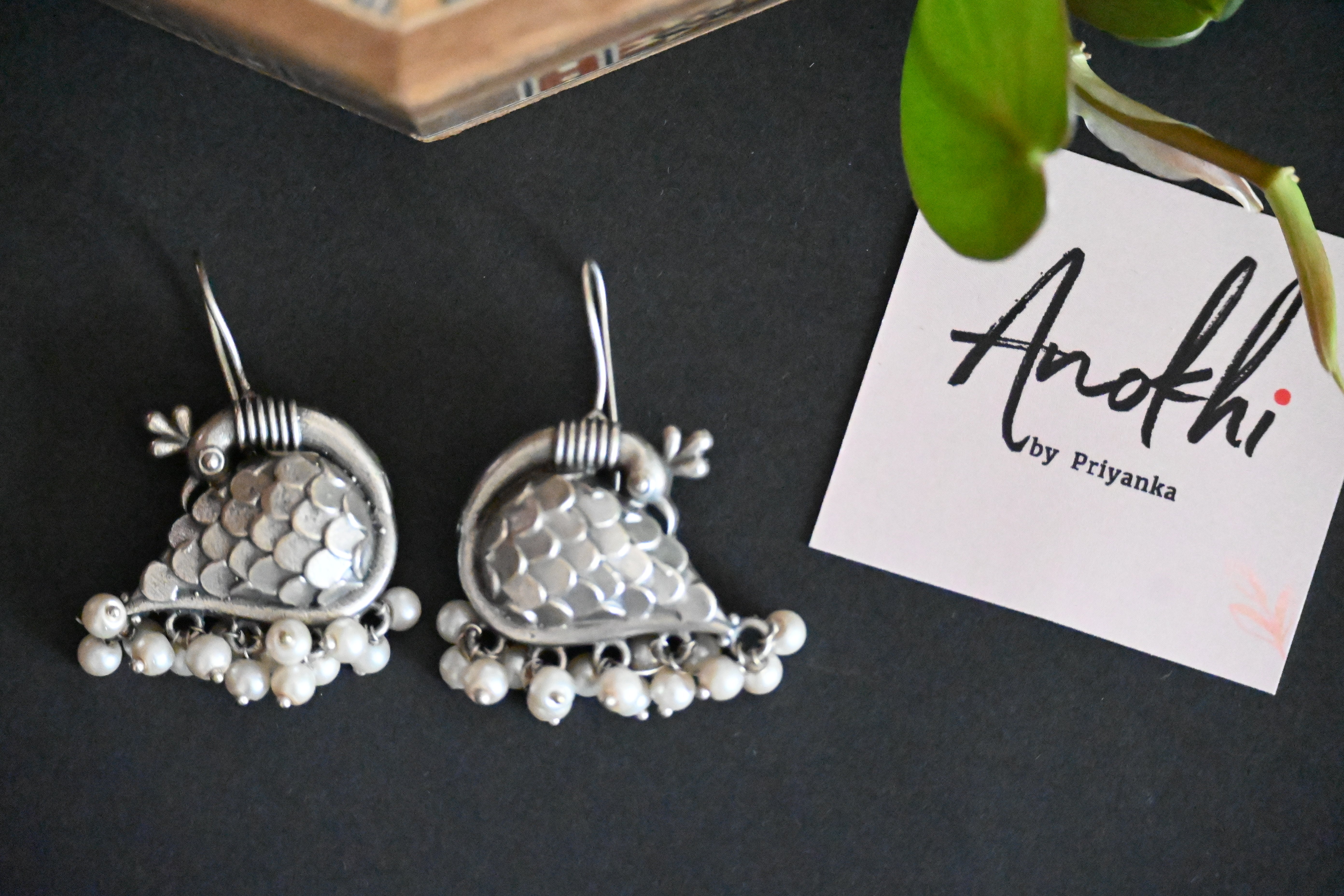 Peacock, Silver Look Alike Oxidized Earrings