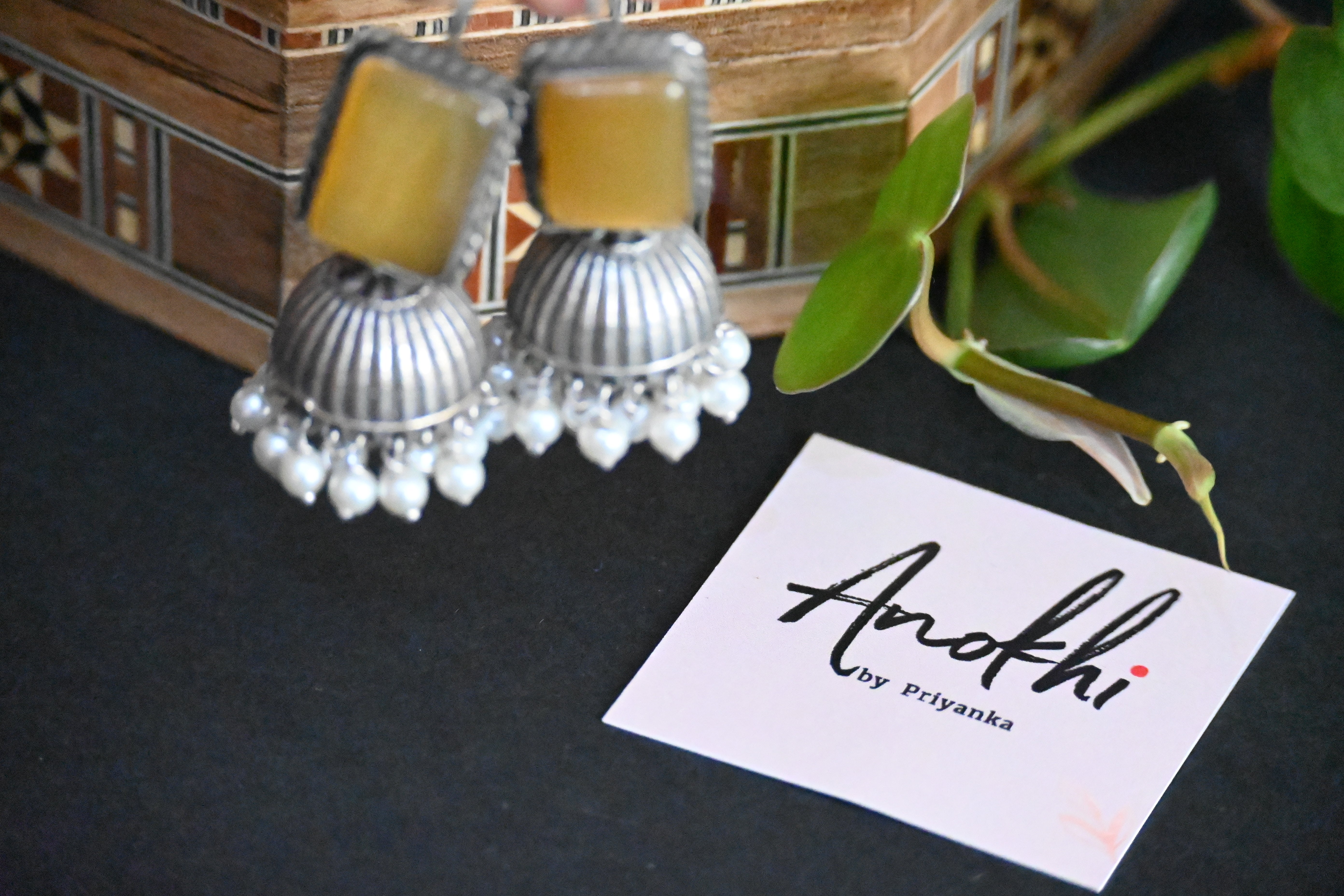 Monalisa Stone Jhumka,  Silver Look Alike Oxidized Earrings