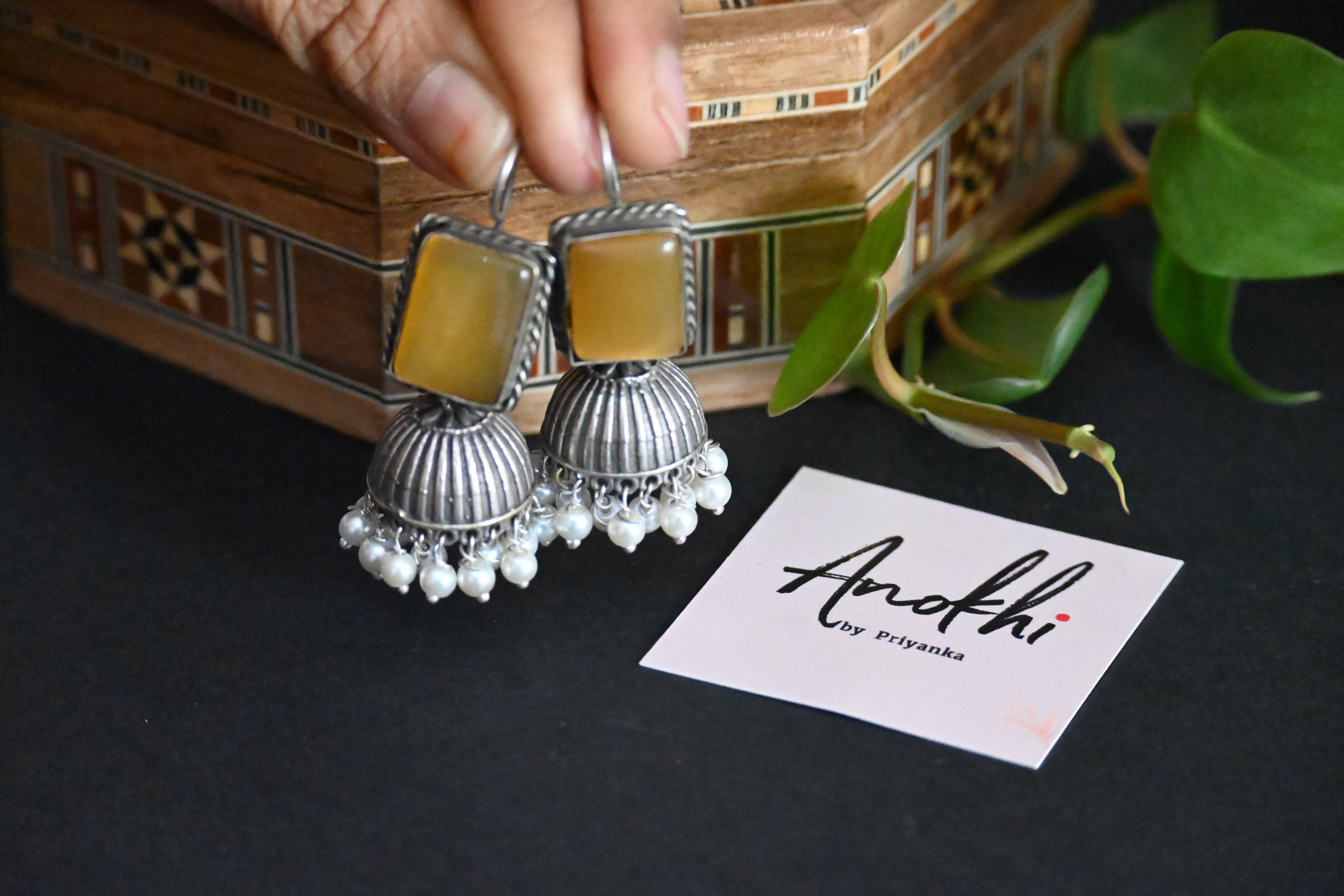 Monalisa Stone Jhumka,  Silver Look Alike Oxidized Earrings