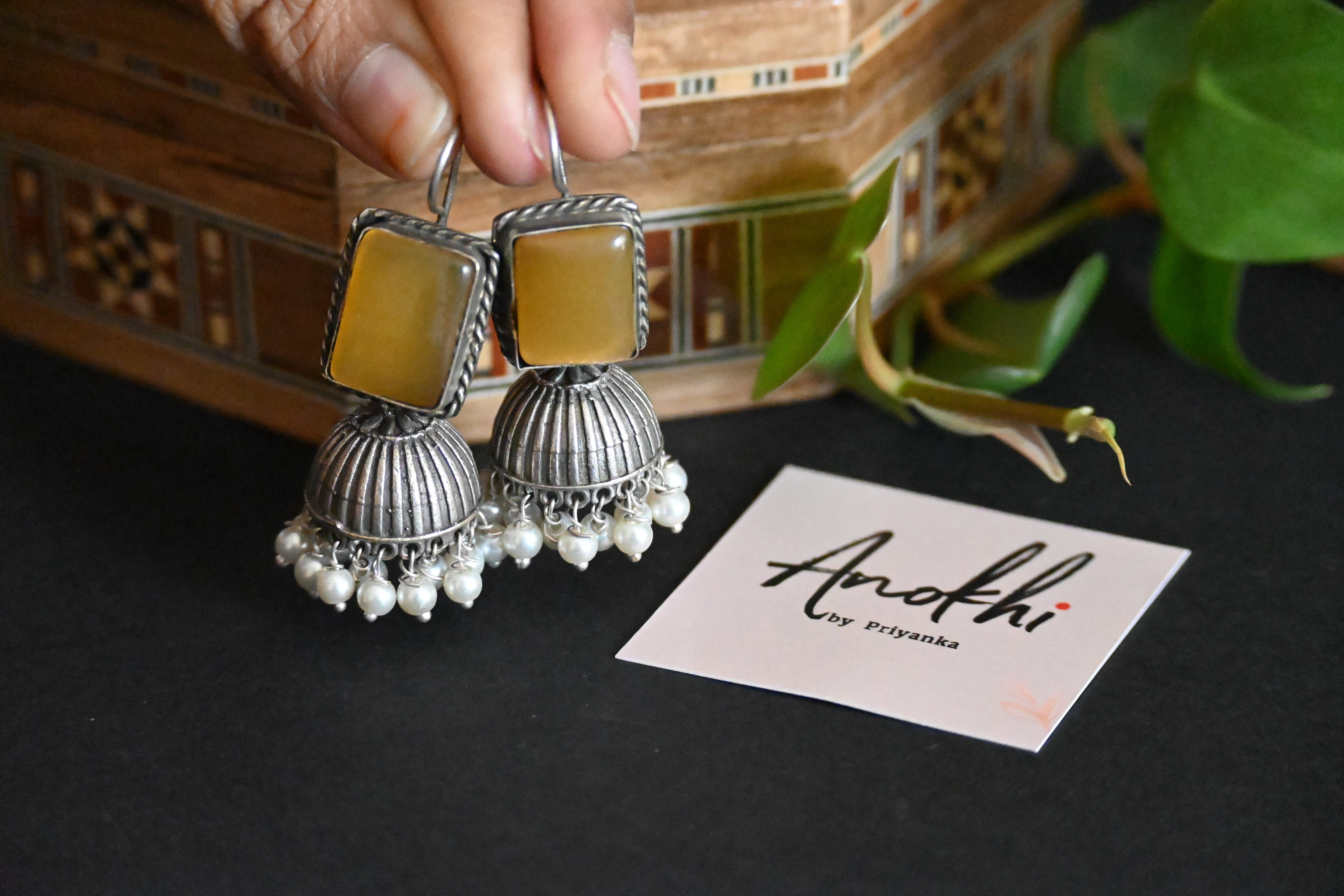 Monalisa Stone Jhumka,  Silver Look Alike Oxidized Earrings