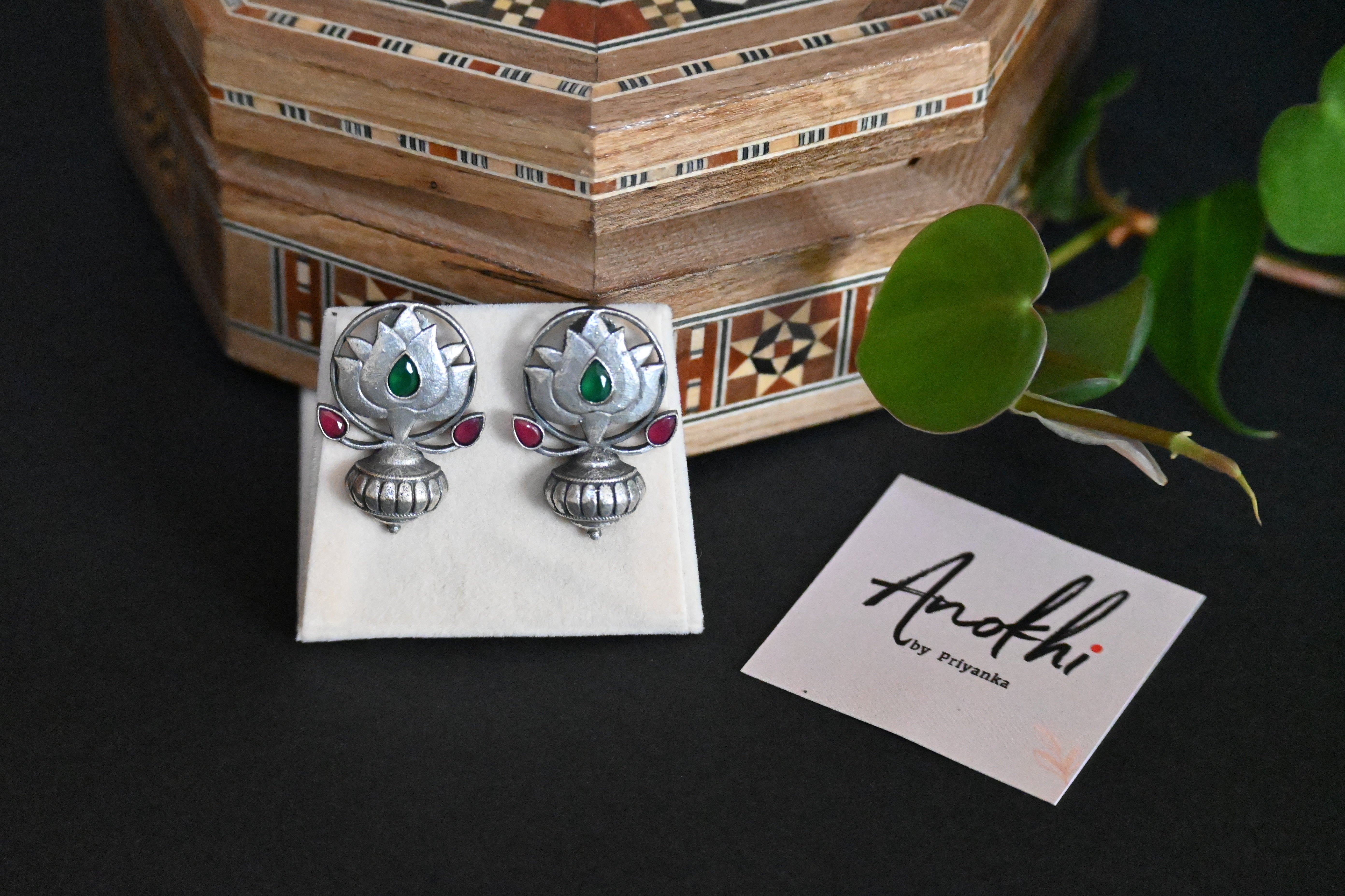 Antique Lotus, Silver Look Alike Oxidized Earrings