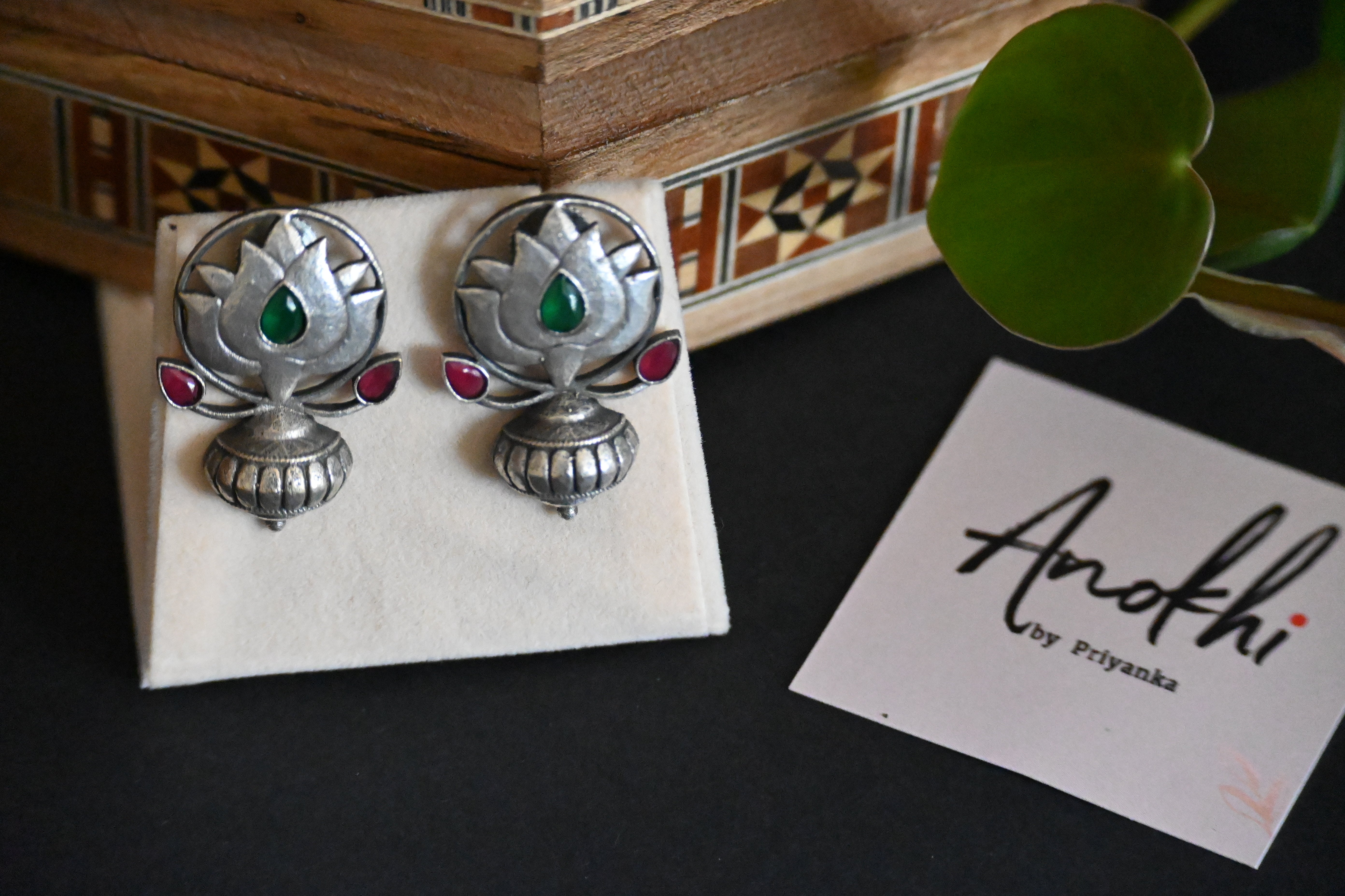 Antique Lotus, Silver Look Alike Oxidized Earrings