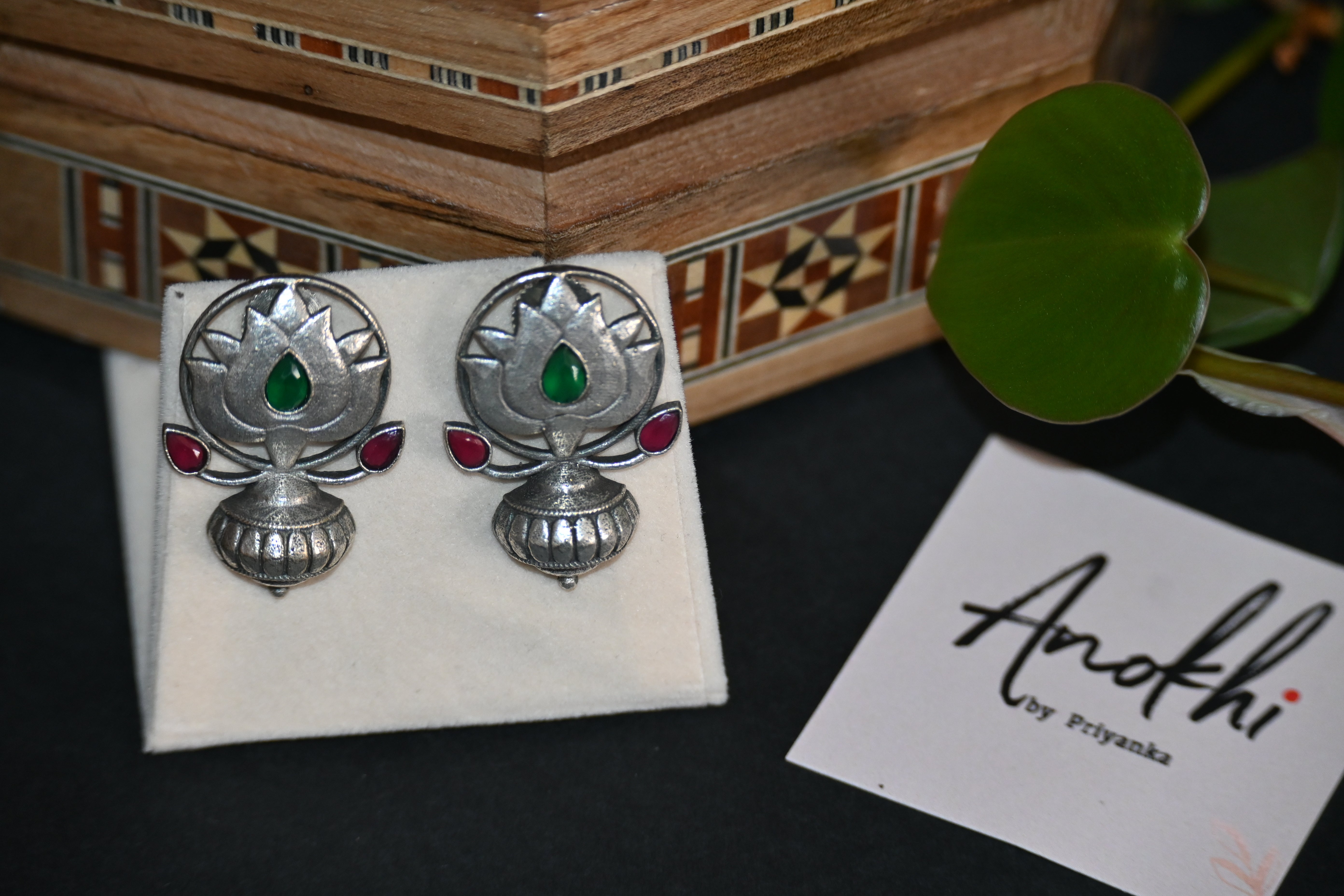Antique Lotus, Silver Look Alike Oxidized Earrings