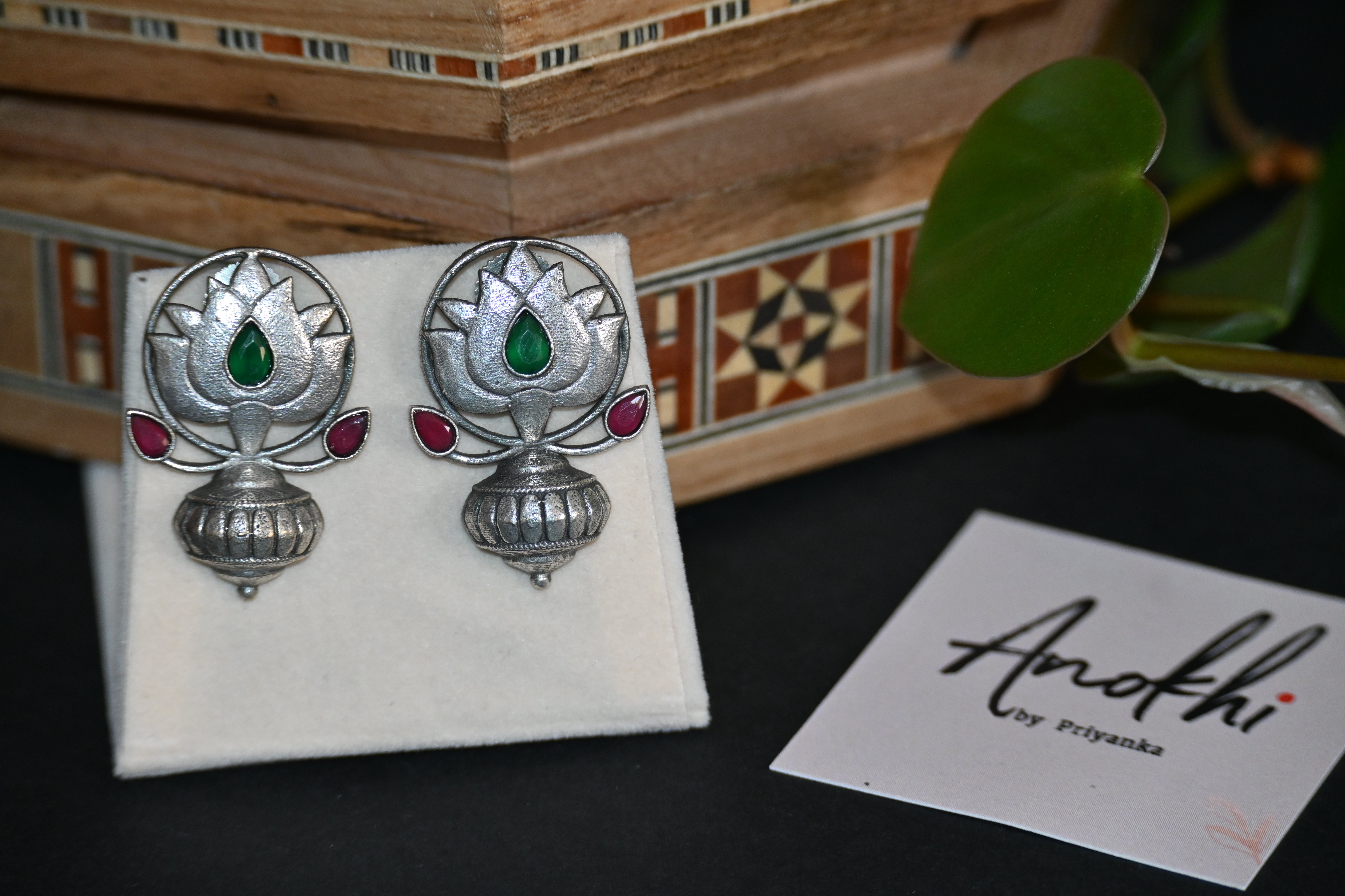 Antique Lotus, Silver Look Alike Oxidized Earrings