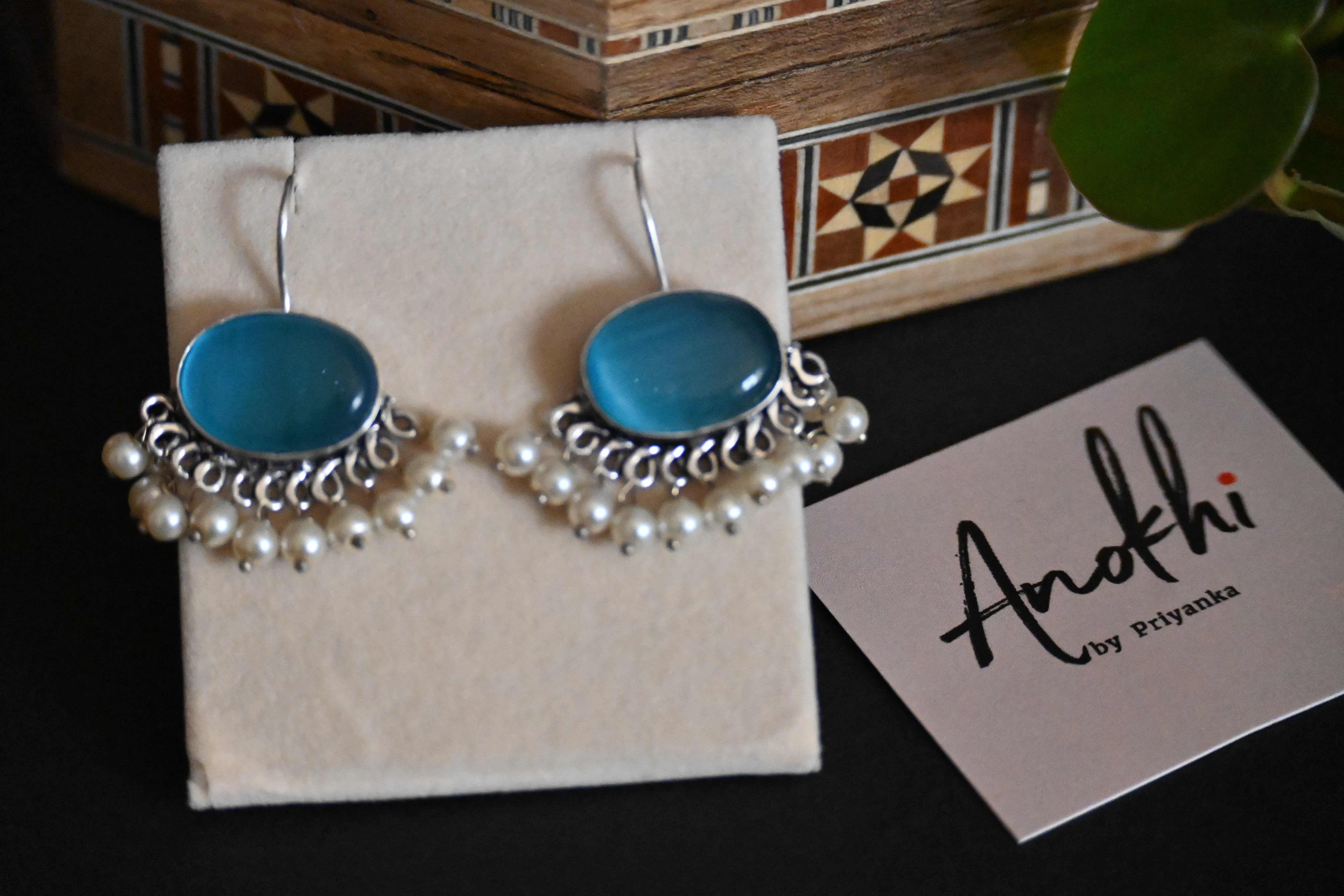 Monalisa Stone, Silver Look Alike Oxidized Earrings