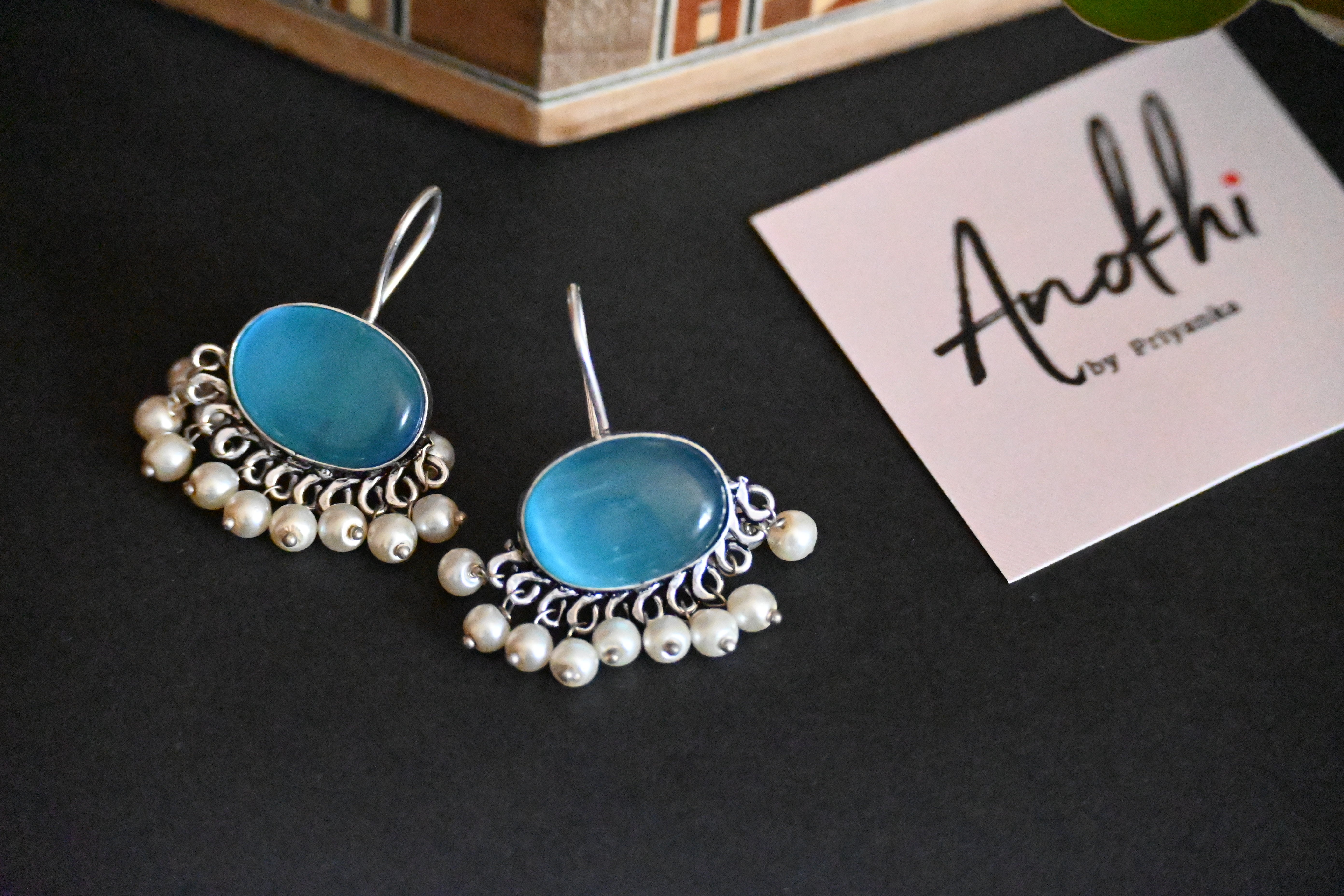 Monalisa Stone, Silver Look Alike Oxidized Earrings