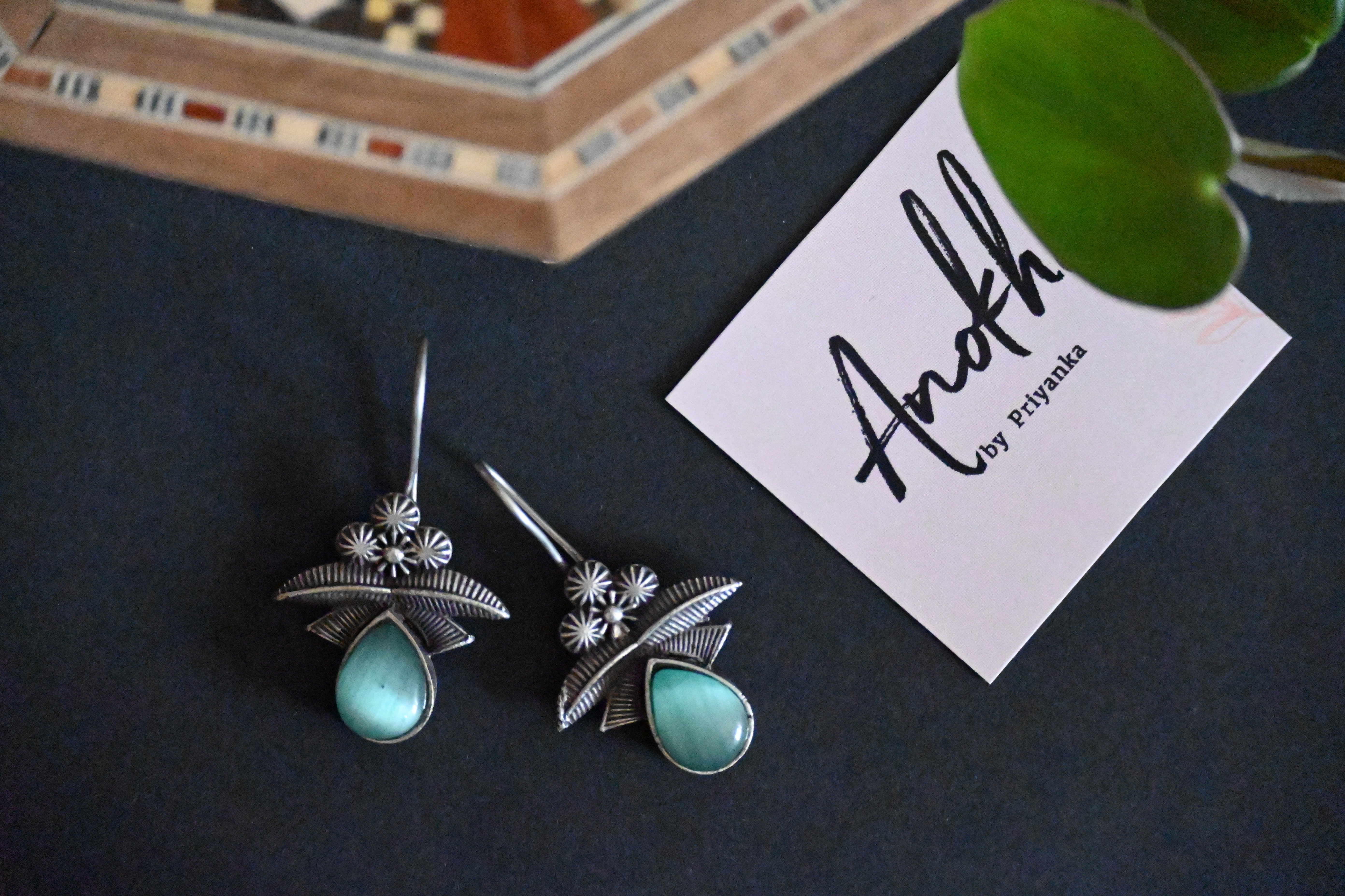 Vintage Style, Silver Look Alike Oxidized Earrings with Monalisa Stone