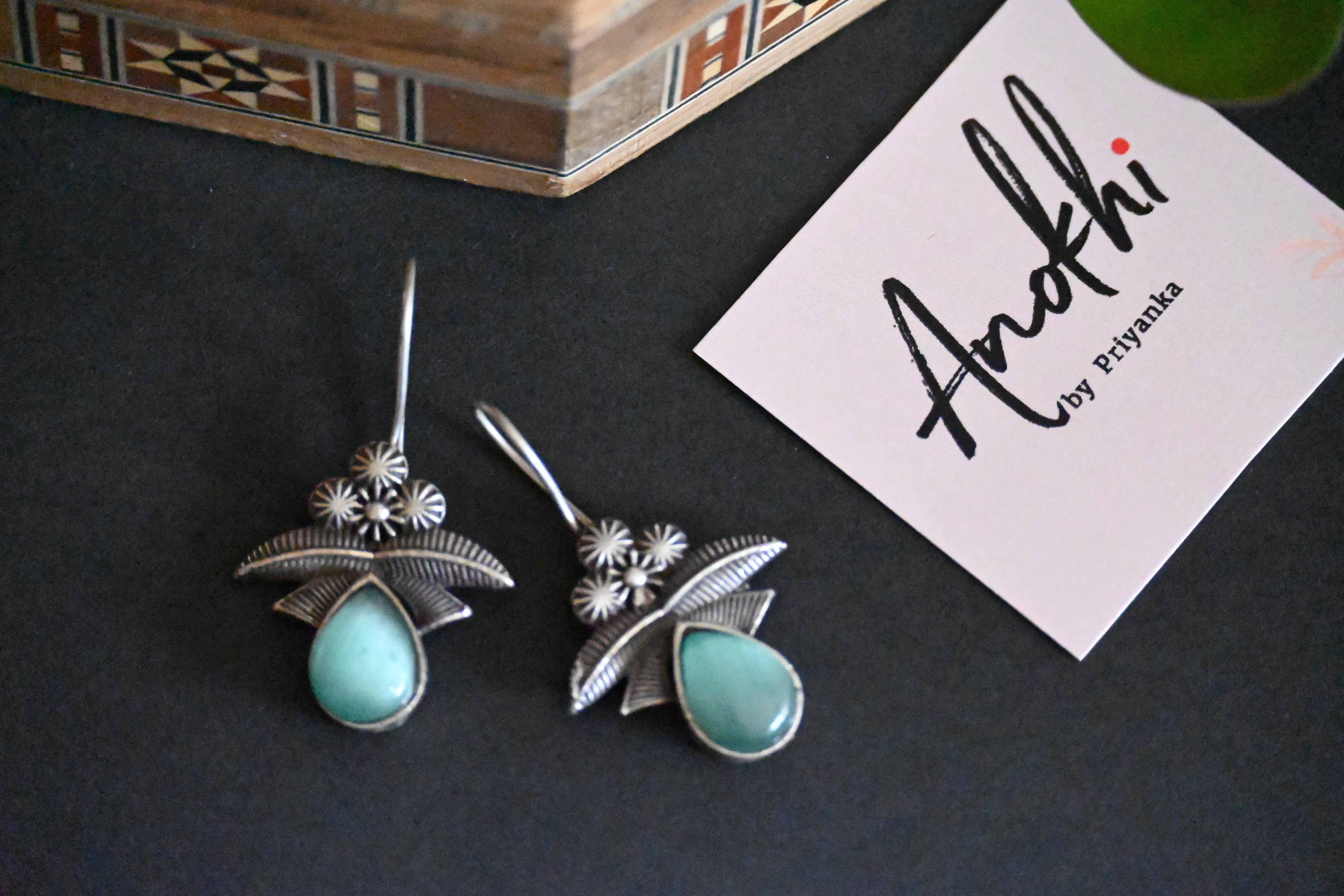 Vintage Style, Silver Look Alike Oxidized Earrings with Monalisa Stone