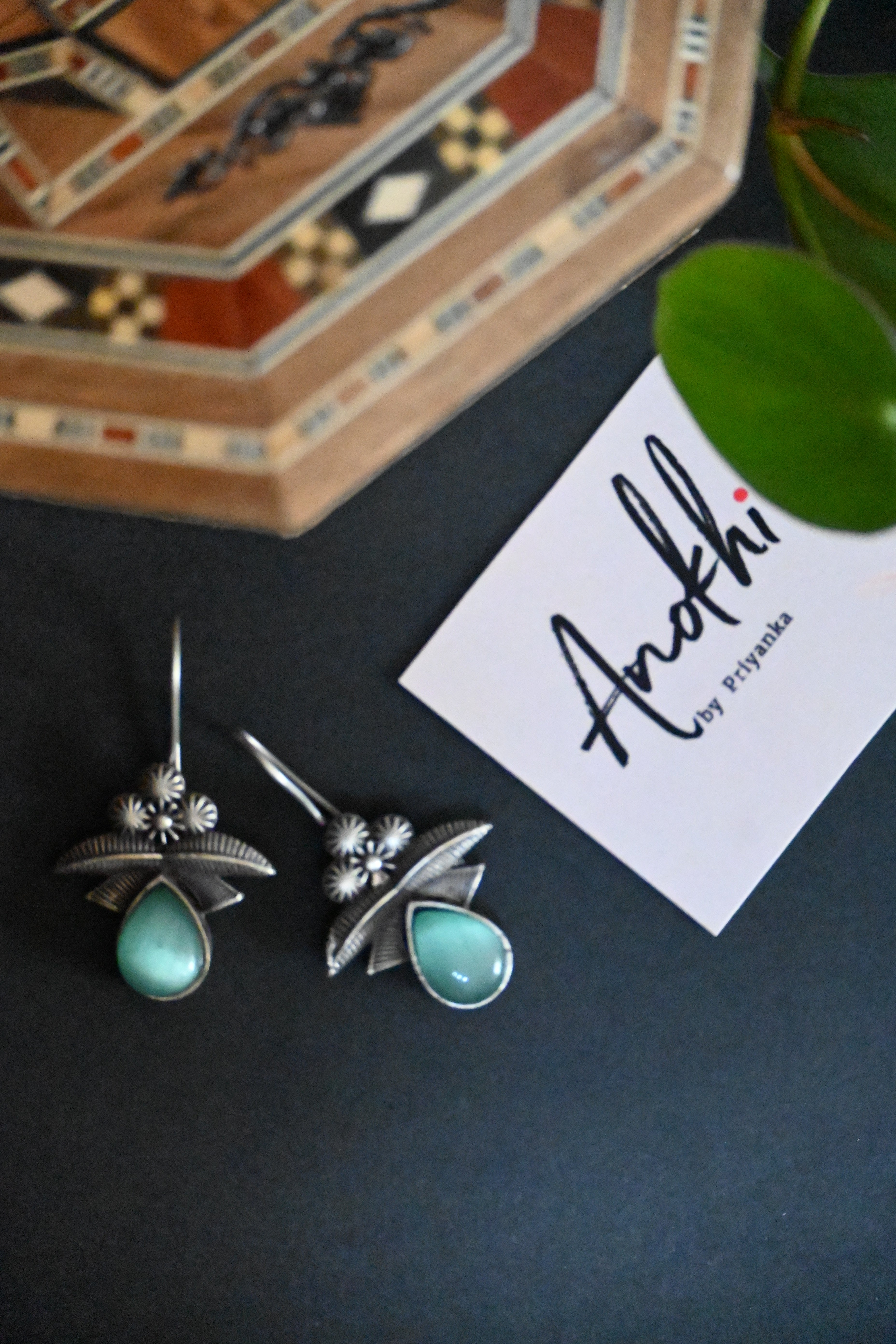 Vintage Style, Silver Look Alike Oxidized Earrings with Monalisa Stone