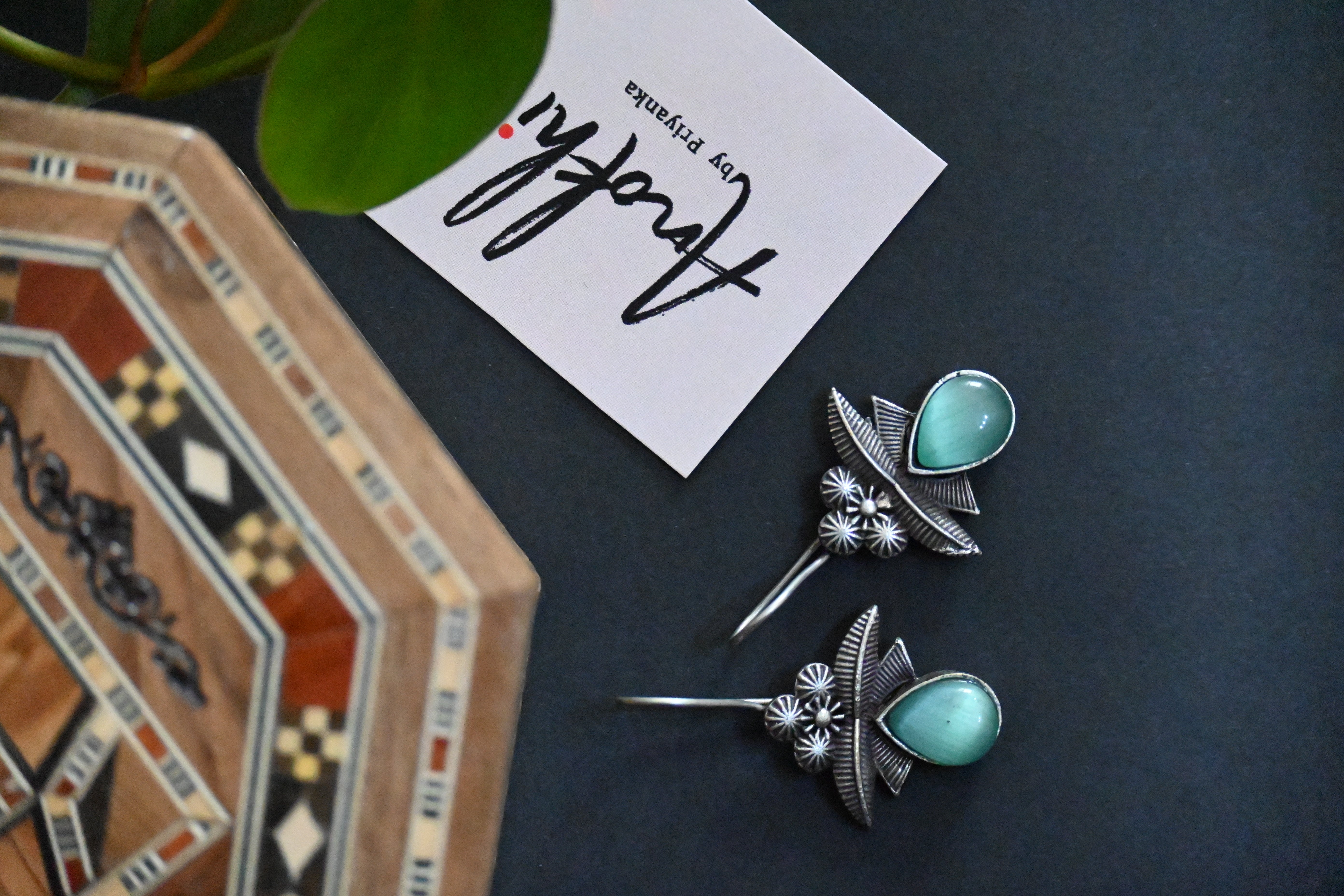 Vintage Style, Silver Look Alike Oxidized Earrings with Monalisa Stone