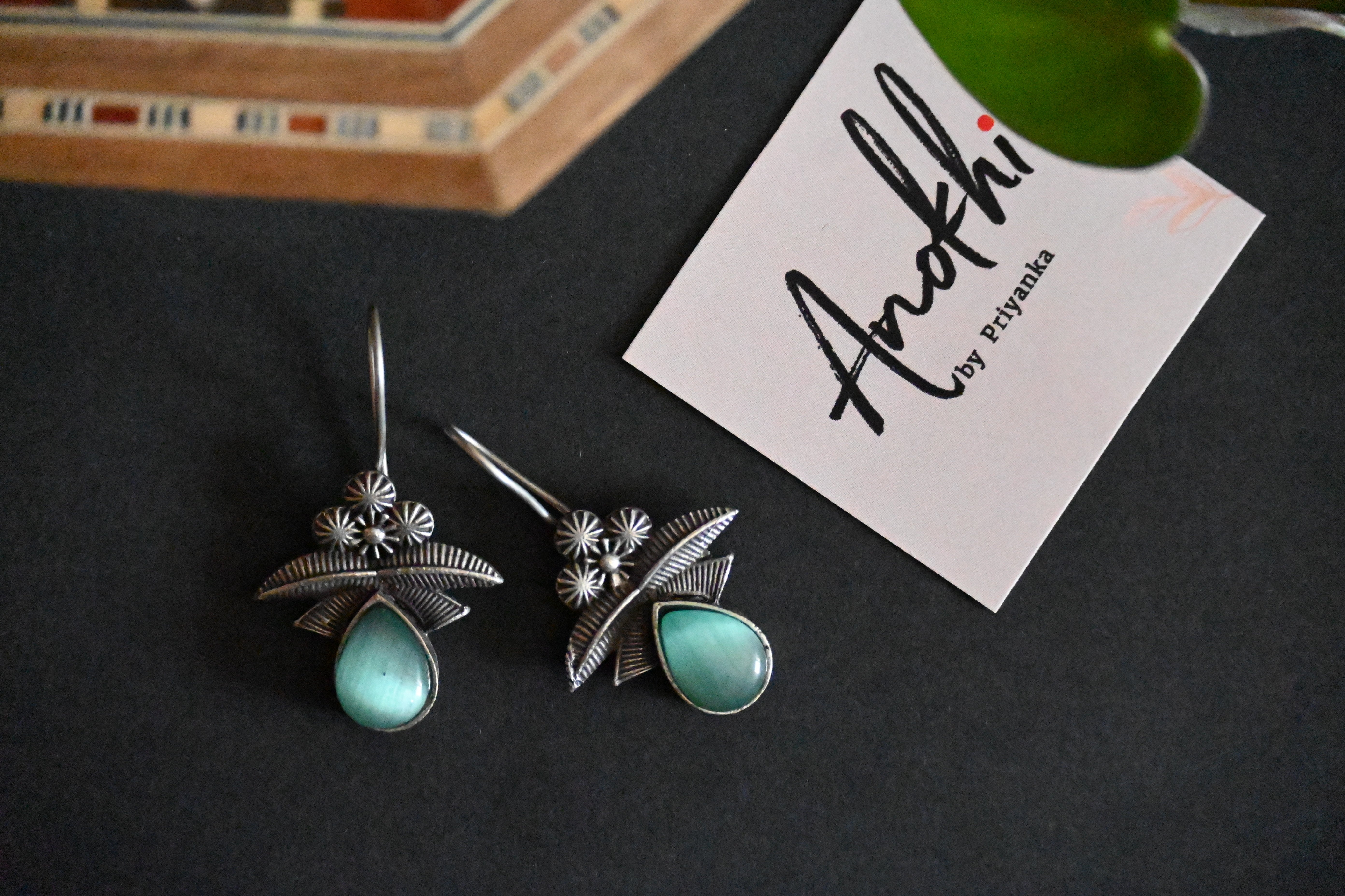 Vintage Style, Silver Look Alike Oxidized Earrings with Monalisa Stone