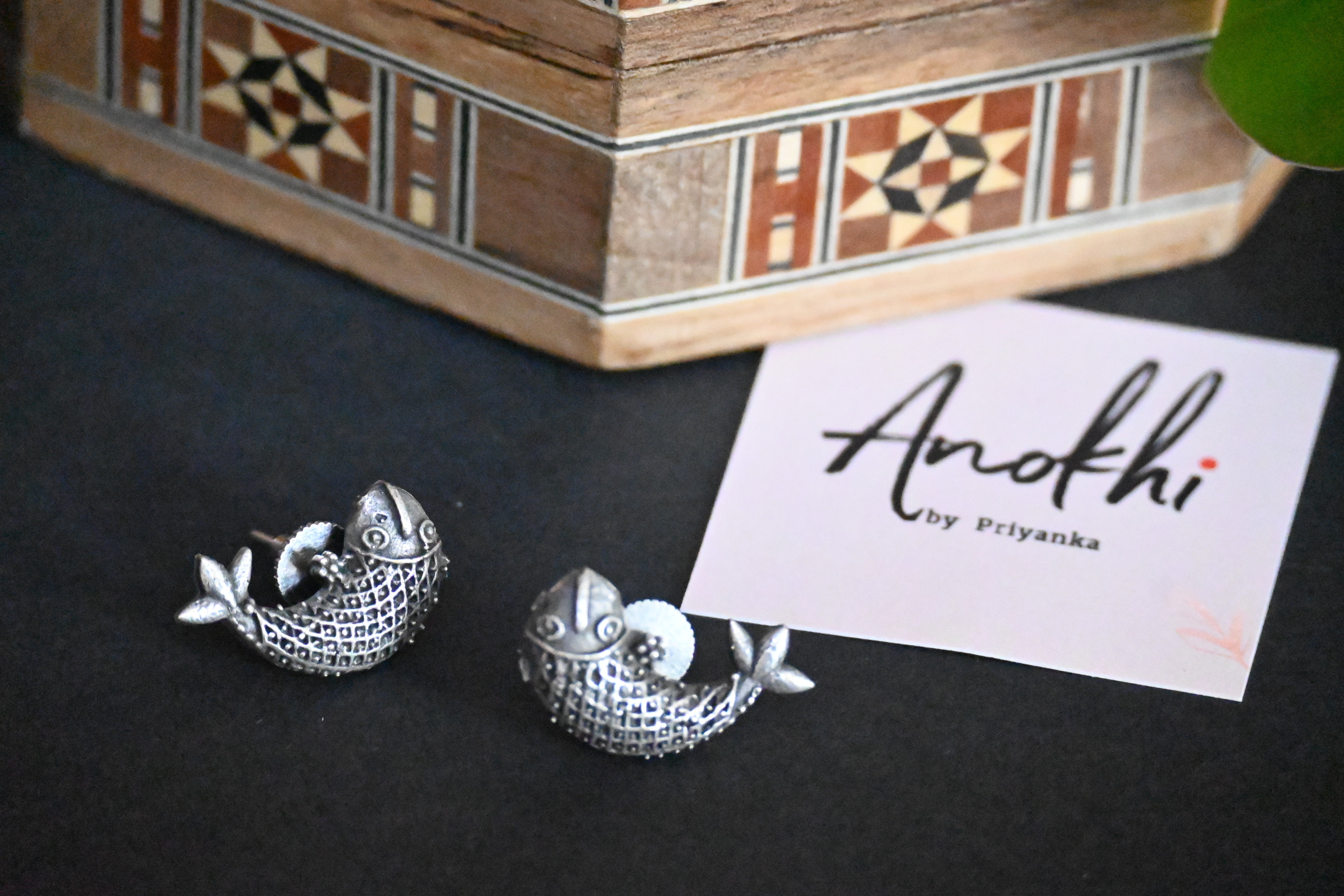 The Fish, Silver Look Alike Oxidized Earrings