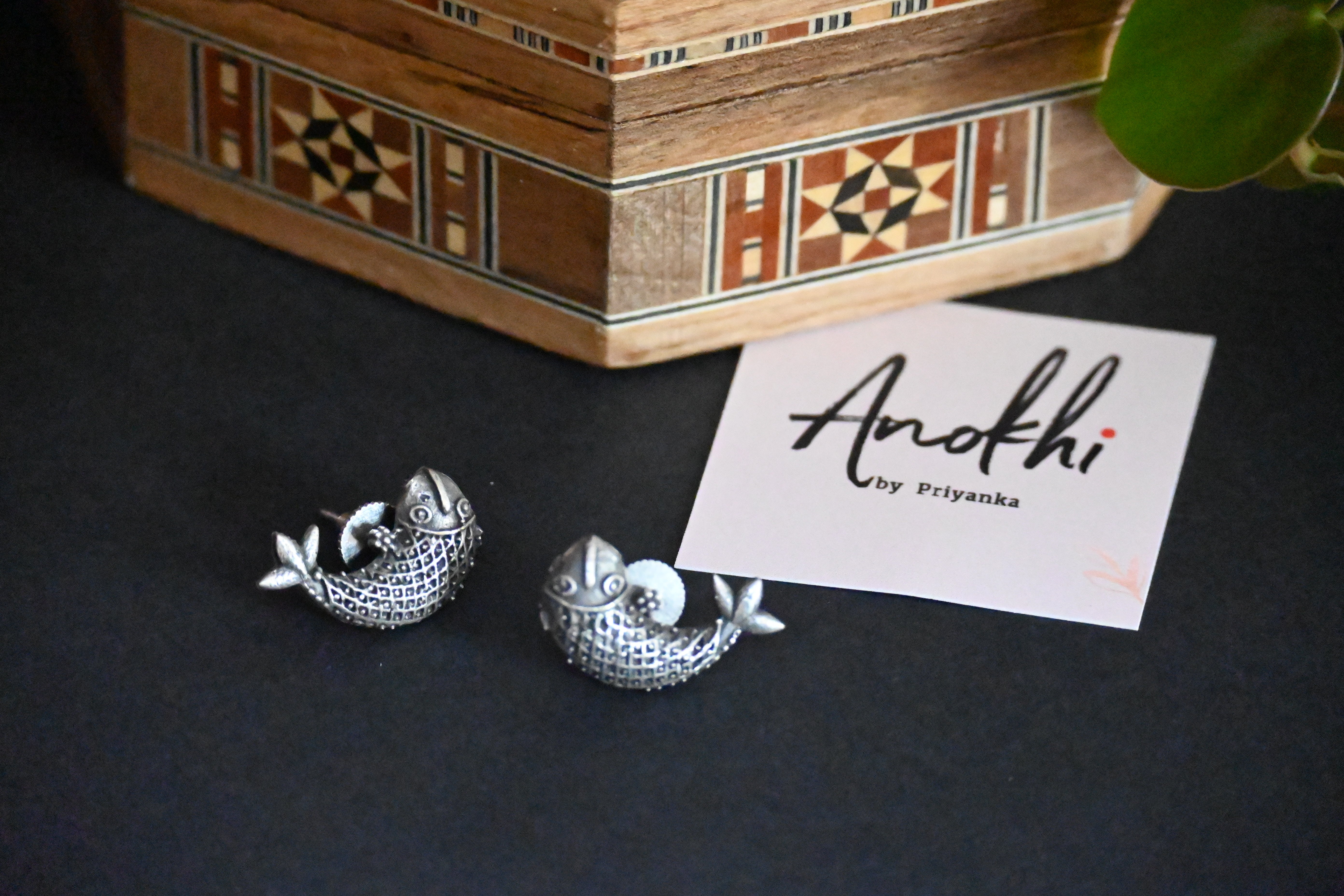 The Fish, Silver Look Alike Oxidized Earrings