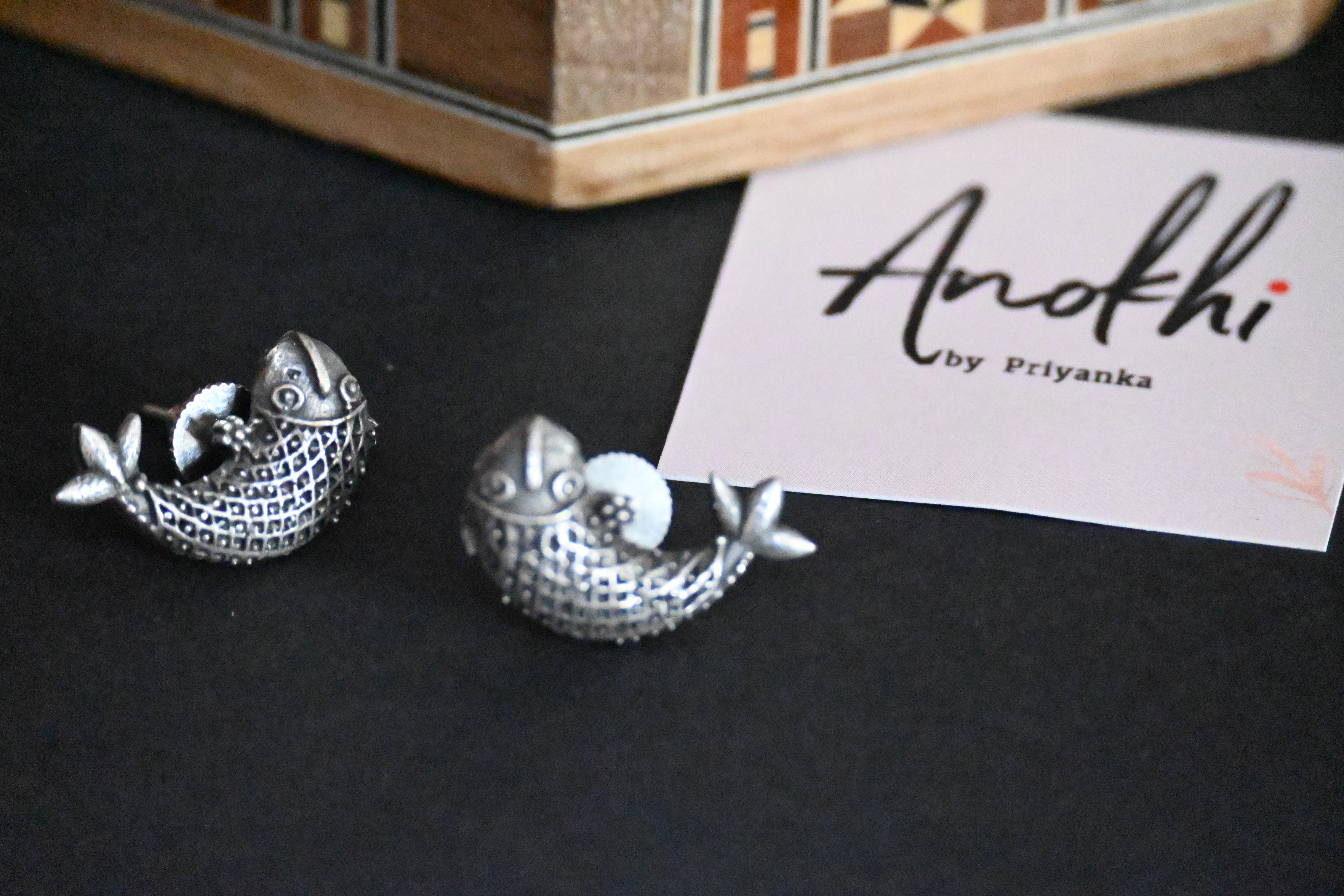 The Fish, Silver Look Alike Oxidized Earrings