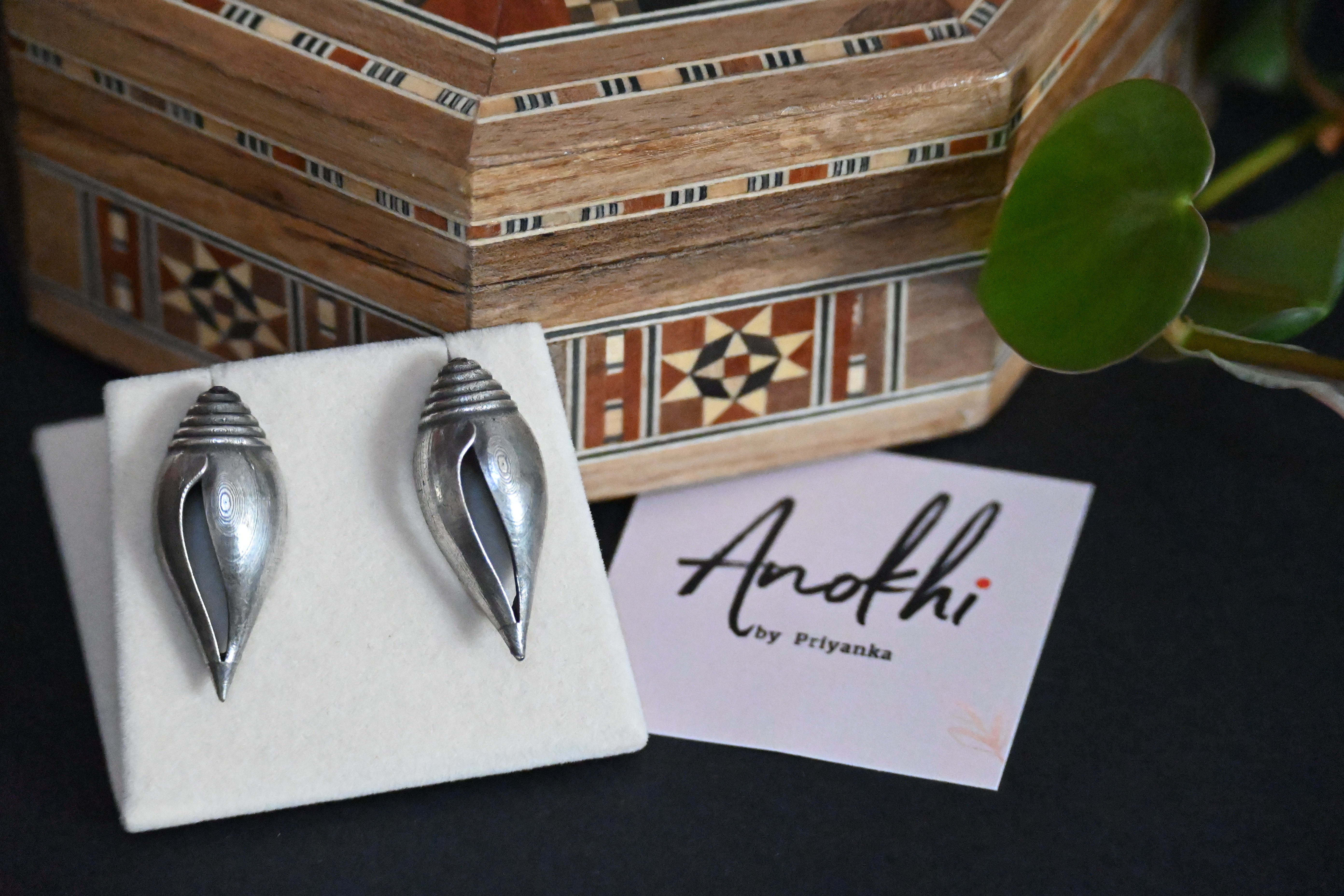 Shankh, Silver Look Alike Oxidized Earrings