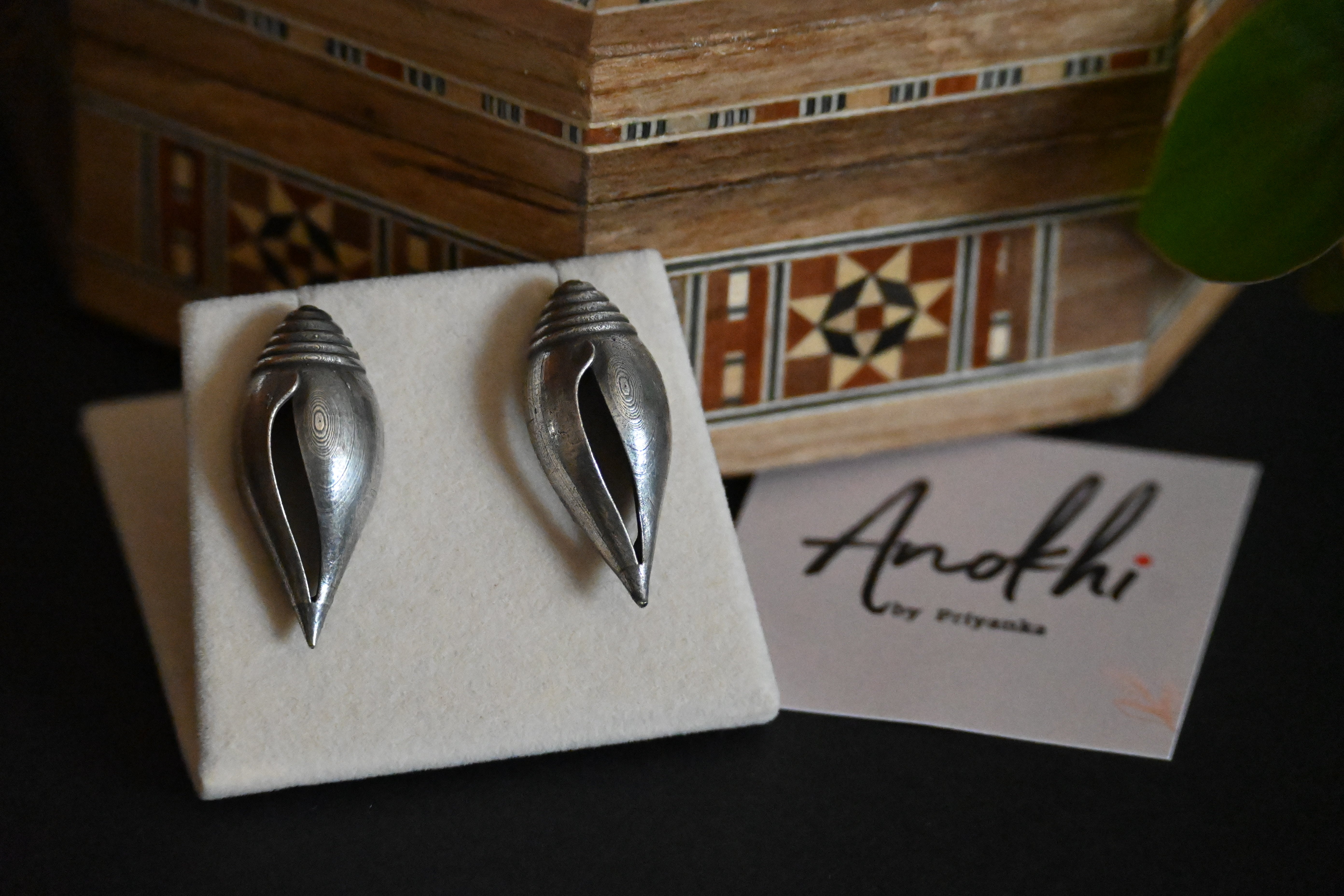 Shankh, Silver Look Alike Oxidized Earrings
