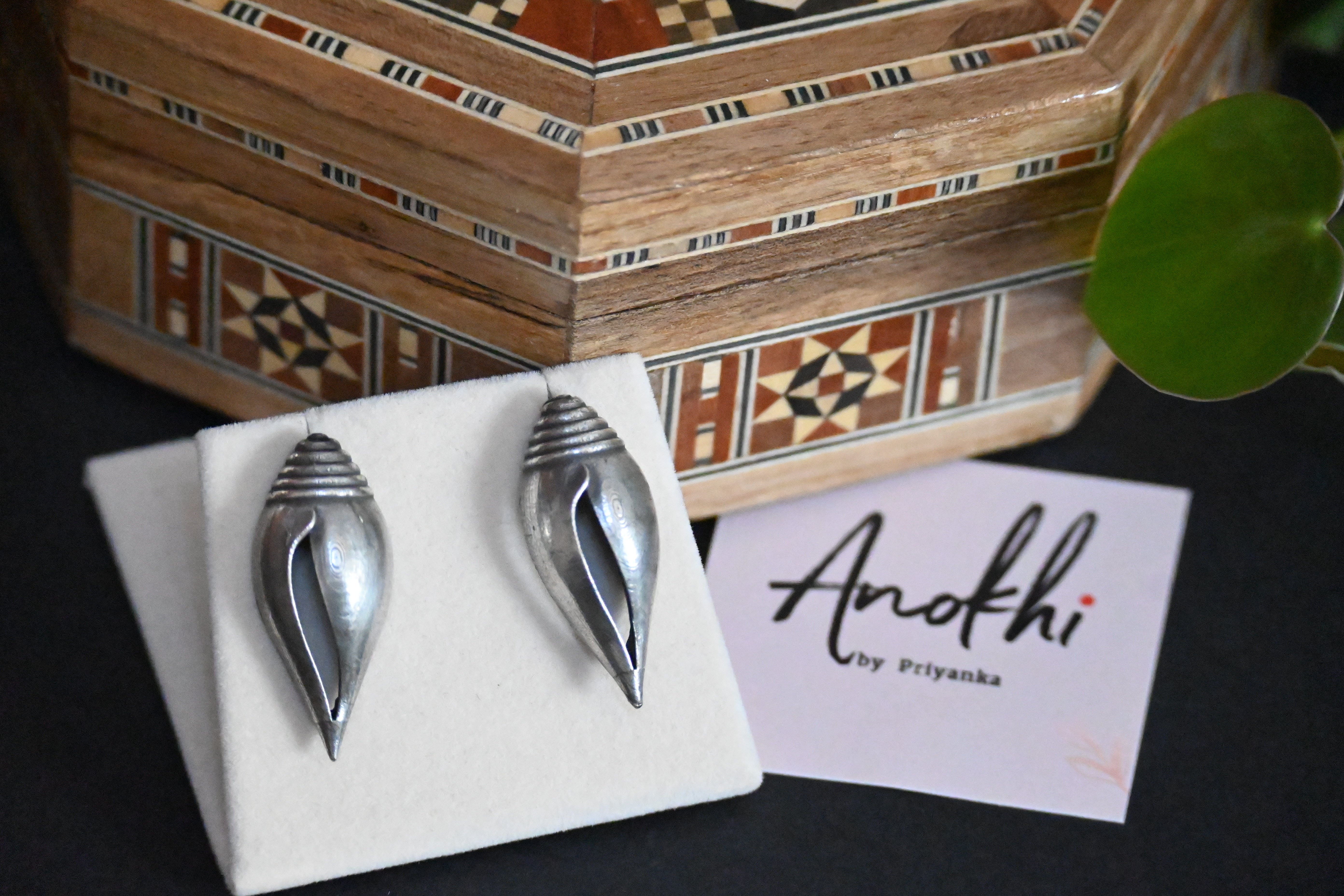 Shankh, Silver Look Alike Oxidized Earrings