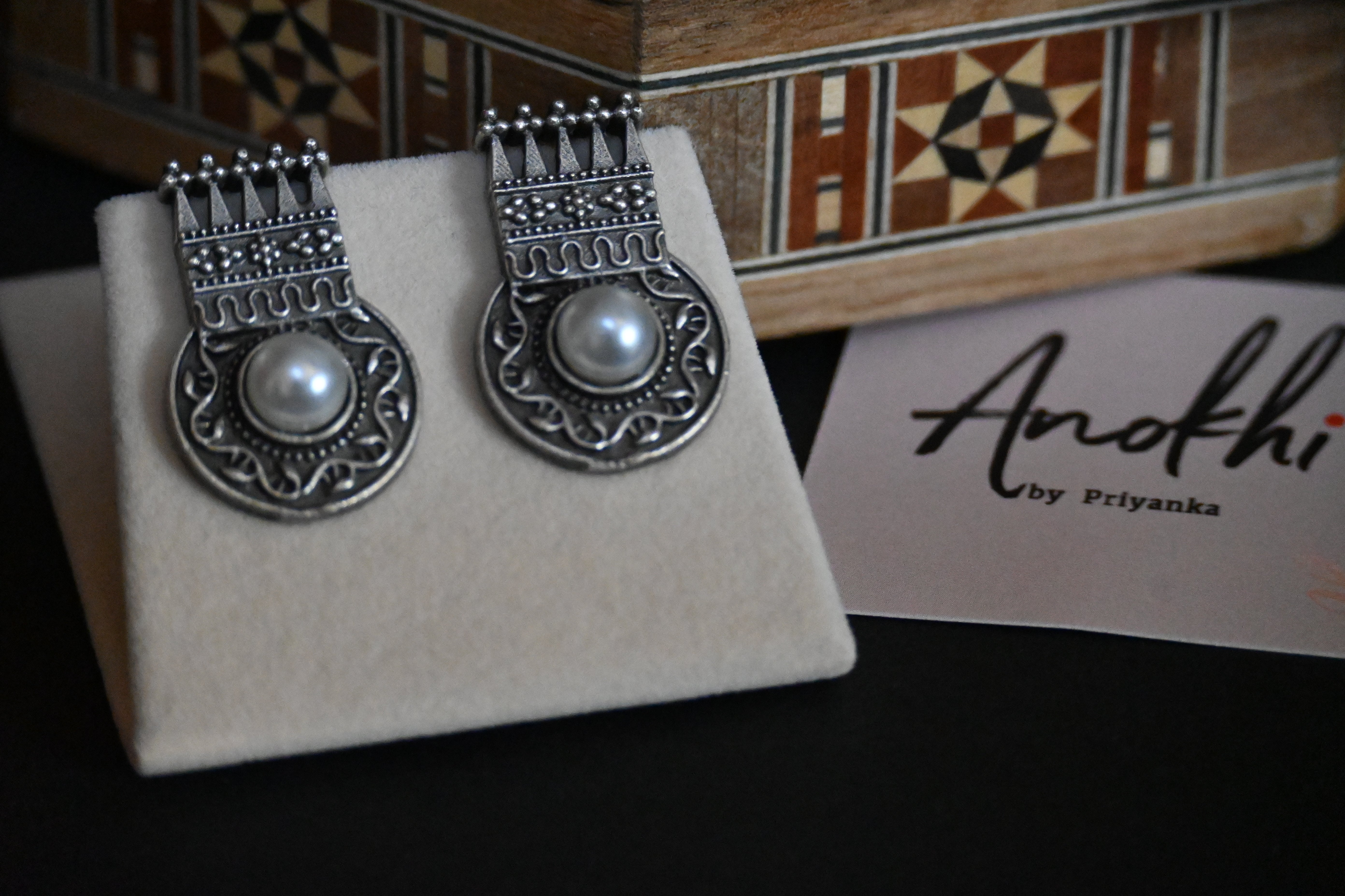 Ethnic, Silver Look Alike Oxidized Earrings
