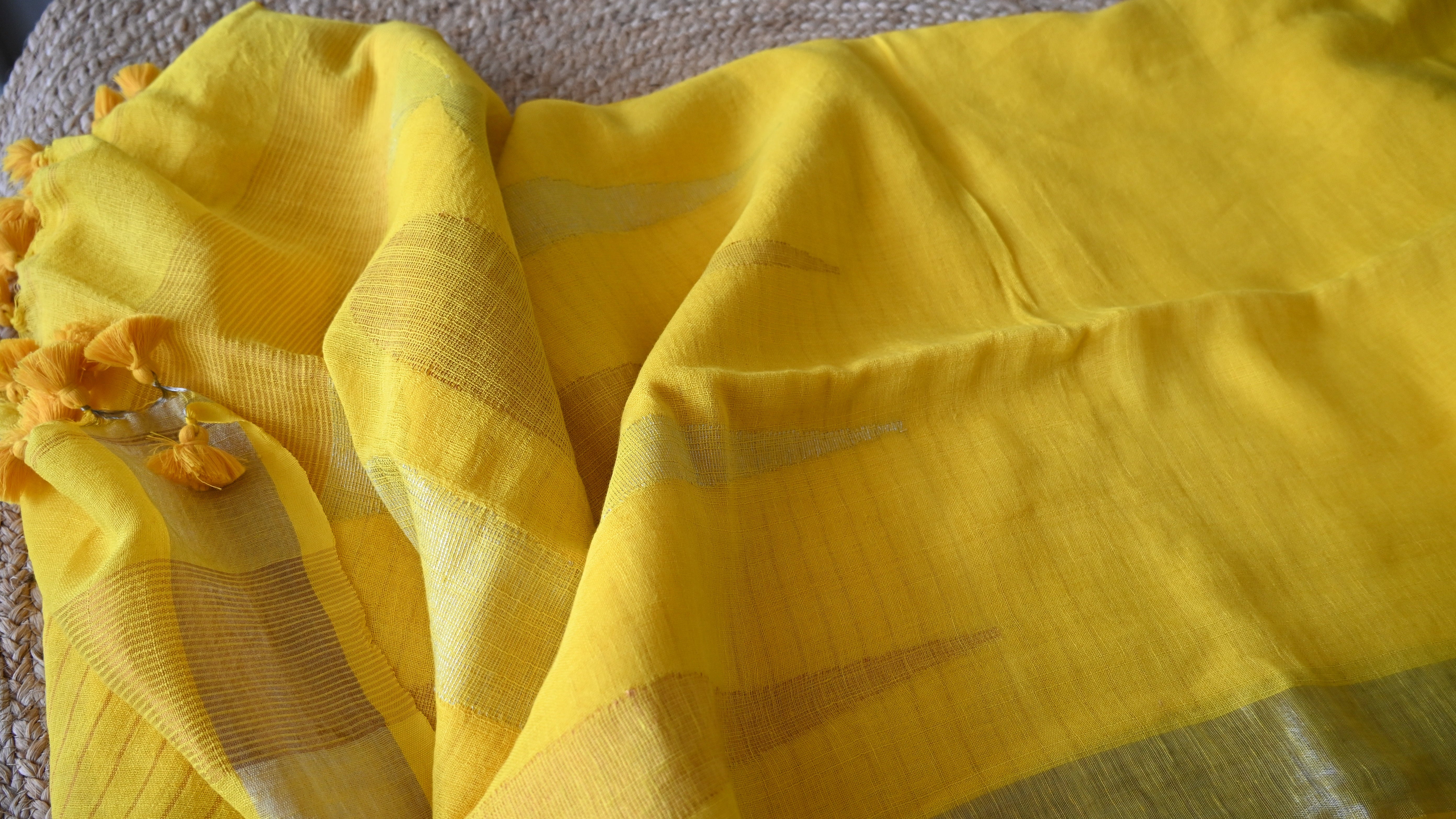 Zari Border Yellow Plain linen saree