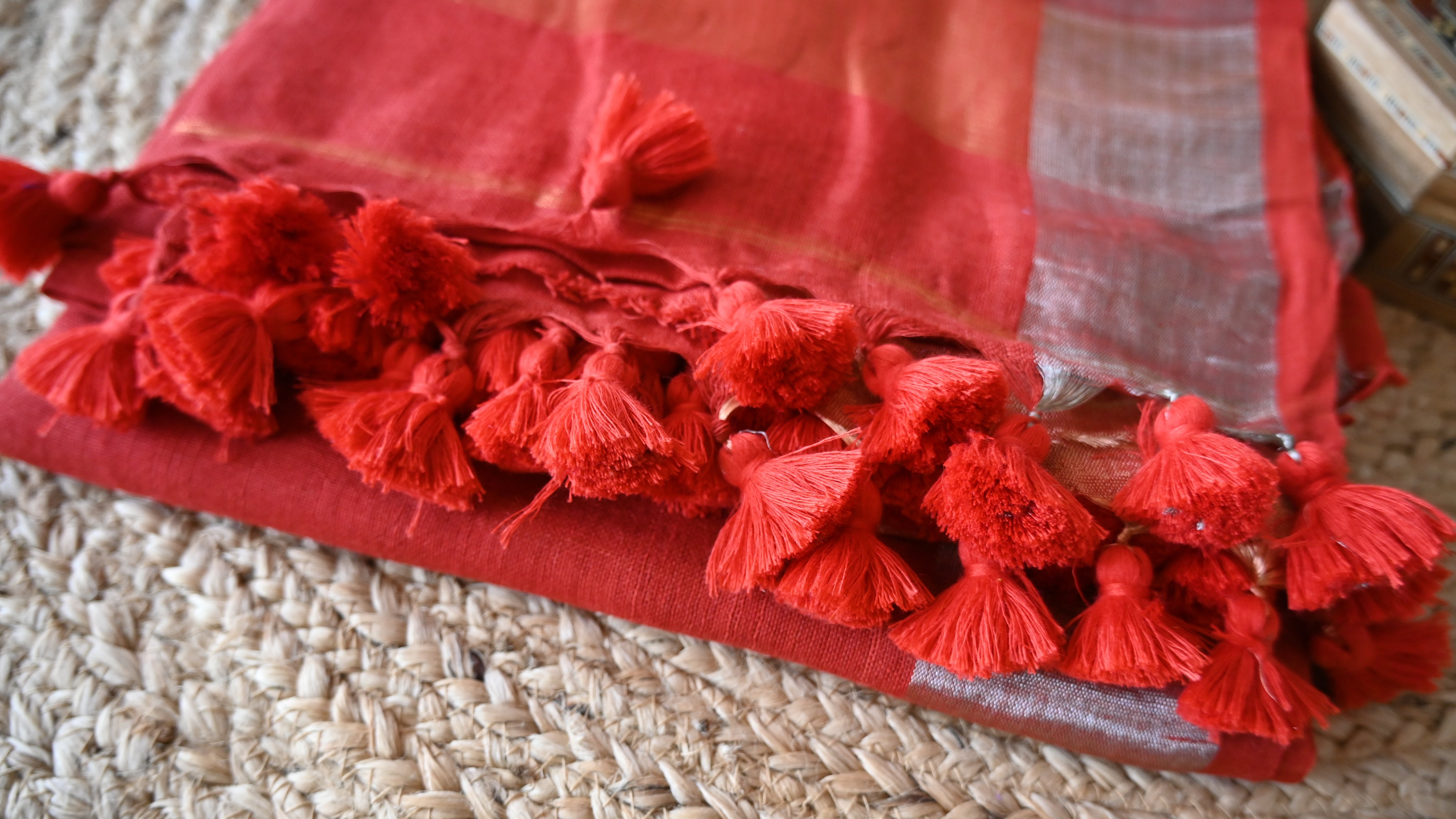 Pure Line Red Plain Zari Border Saree