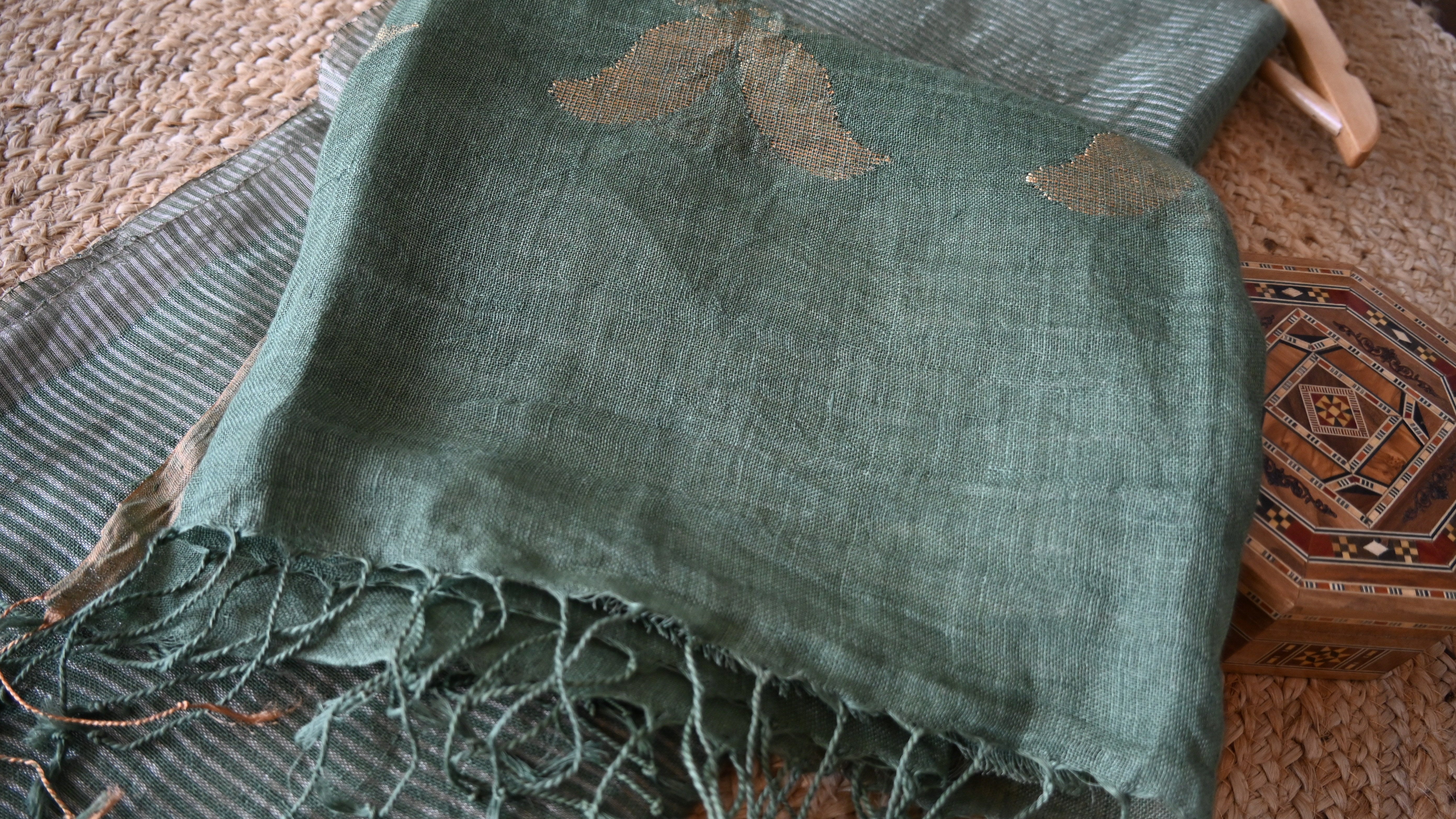 Pure Linen Olive Green Full Zari Stripe Saree