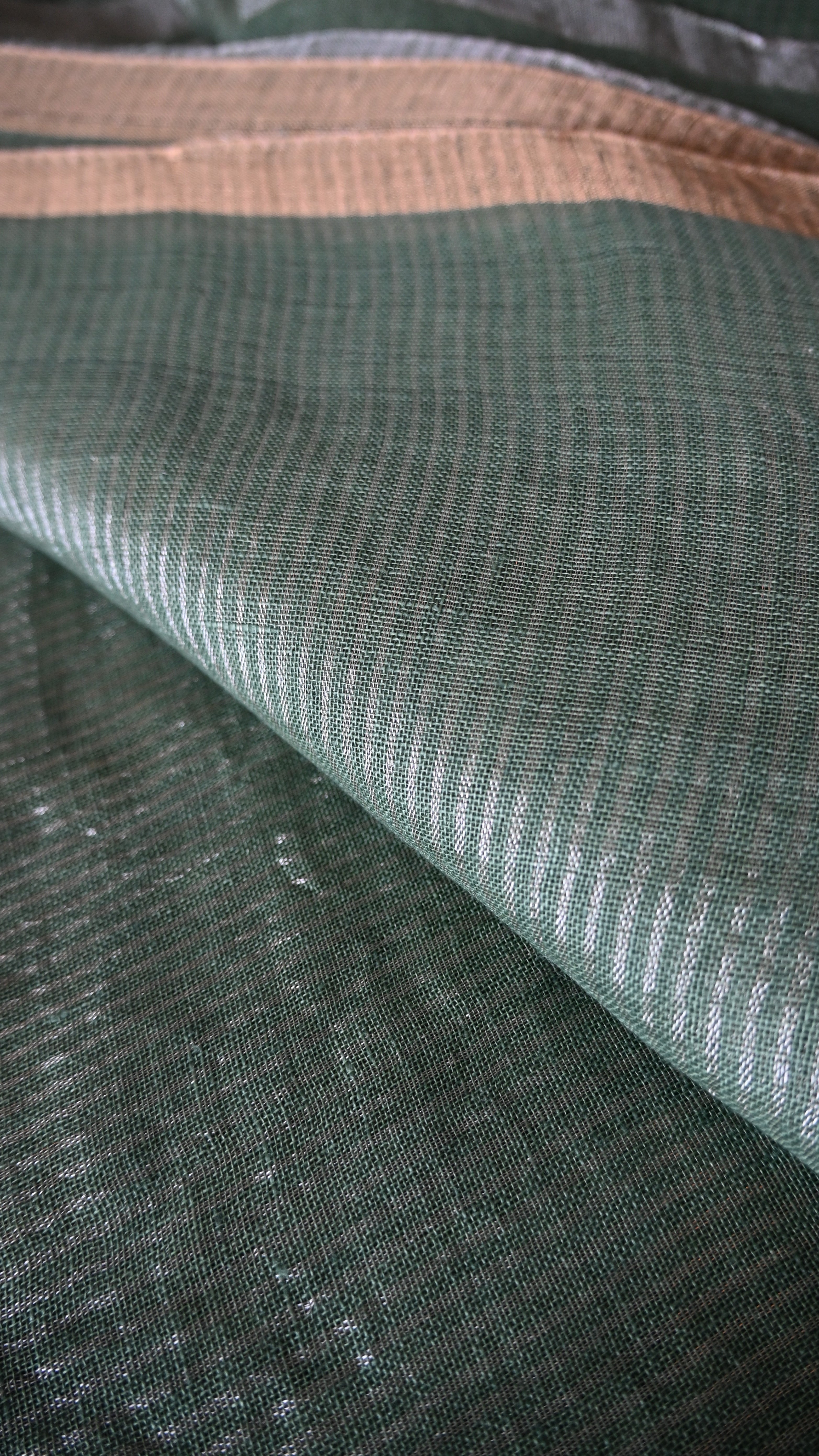 Pure Linen Olive Green Full Zari Stripe Saree