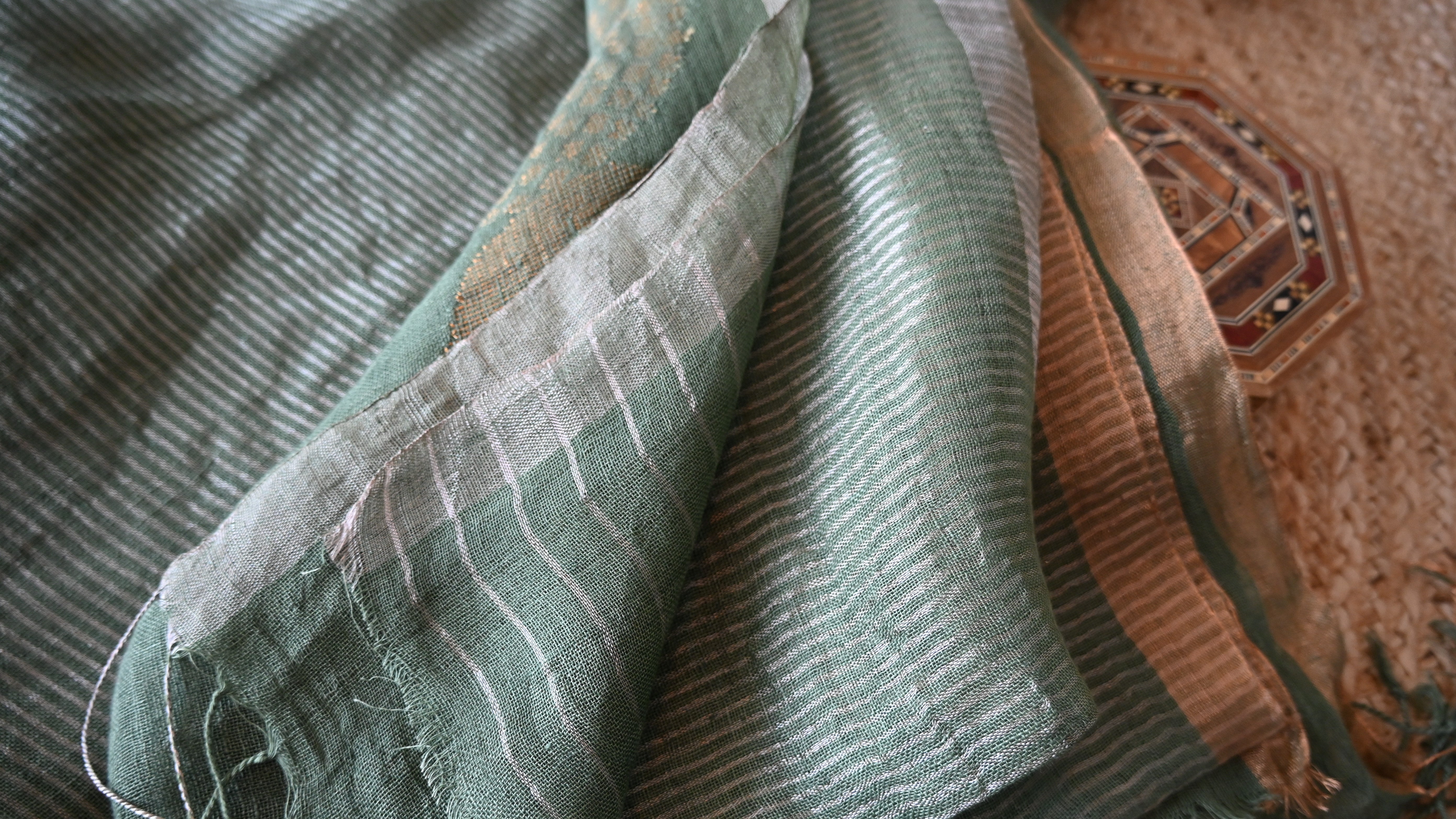 Pure Linen Olive Green Full Zari Stripe Saree